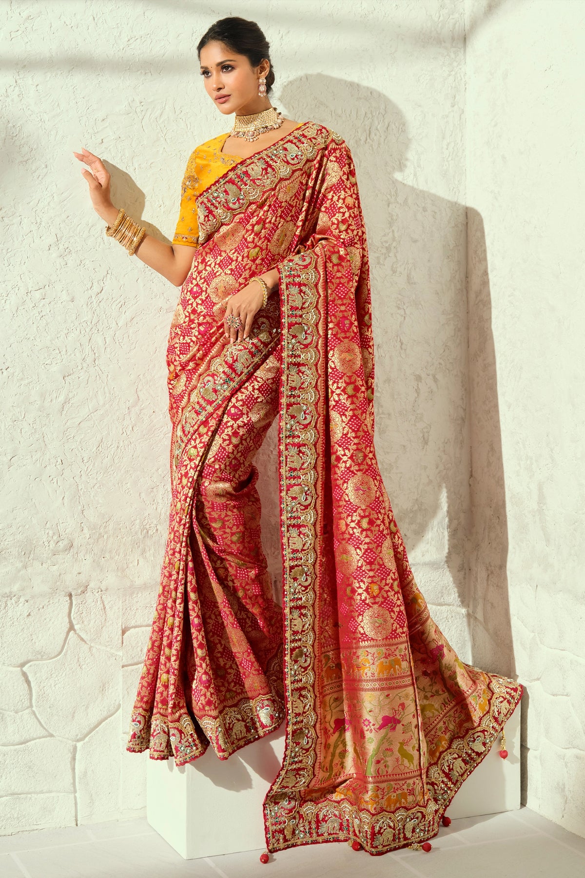 Scarlet Red Embroidered Georgette Bandhej Saree-SAR13398_1_SareeButa.com