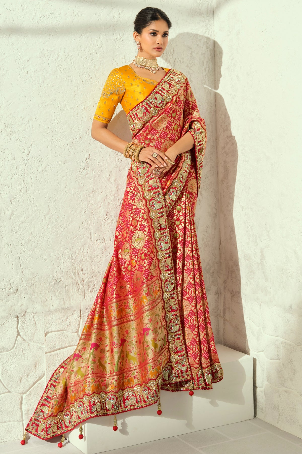 Scarlet Red Embroidered Georgette Bandhej Saree-SAR13398_4_SareeButa.com