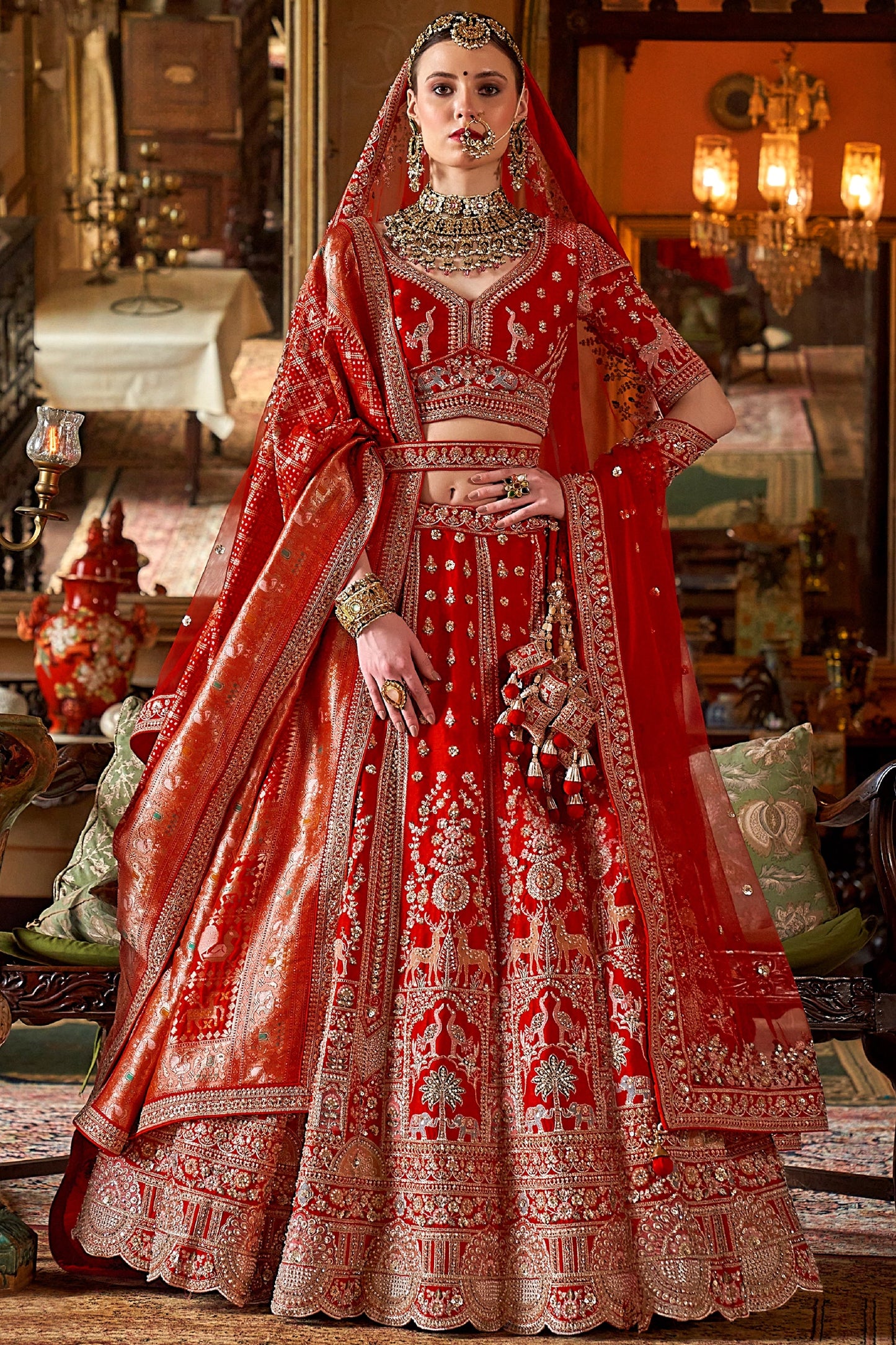 Scarlet Red Semi-Stitched Embroidered Silk Lehenga-SAR10309_1_SareeButa.com