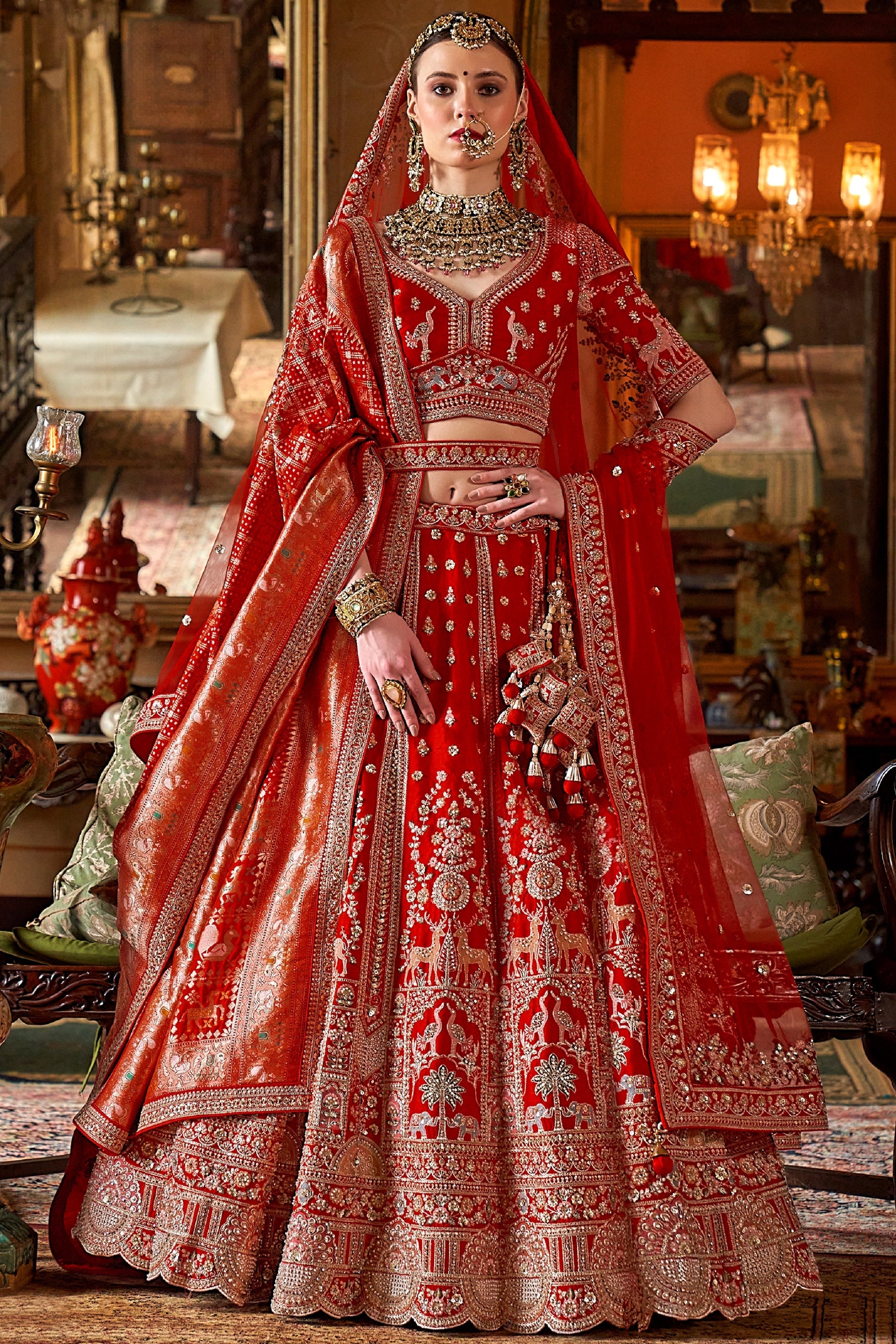 Scarlet Red Semi-Stitched Embroidered Silk Lehenga-SAR10309_1_SareeButa.com