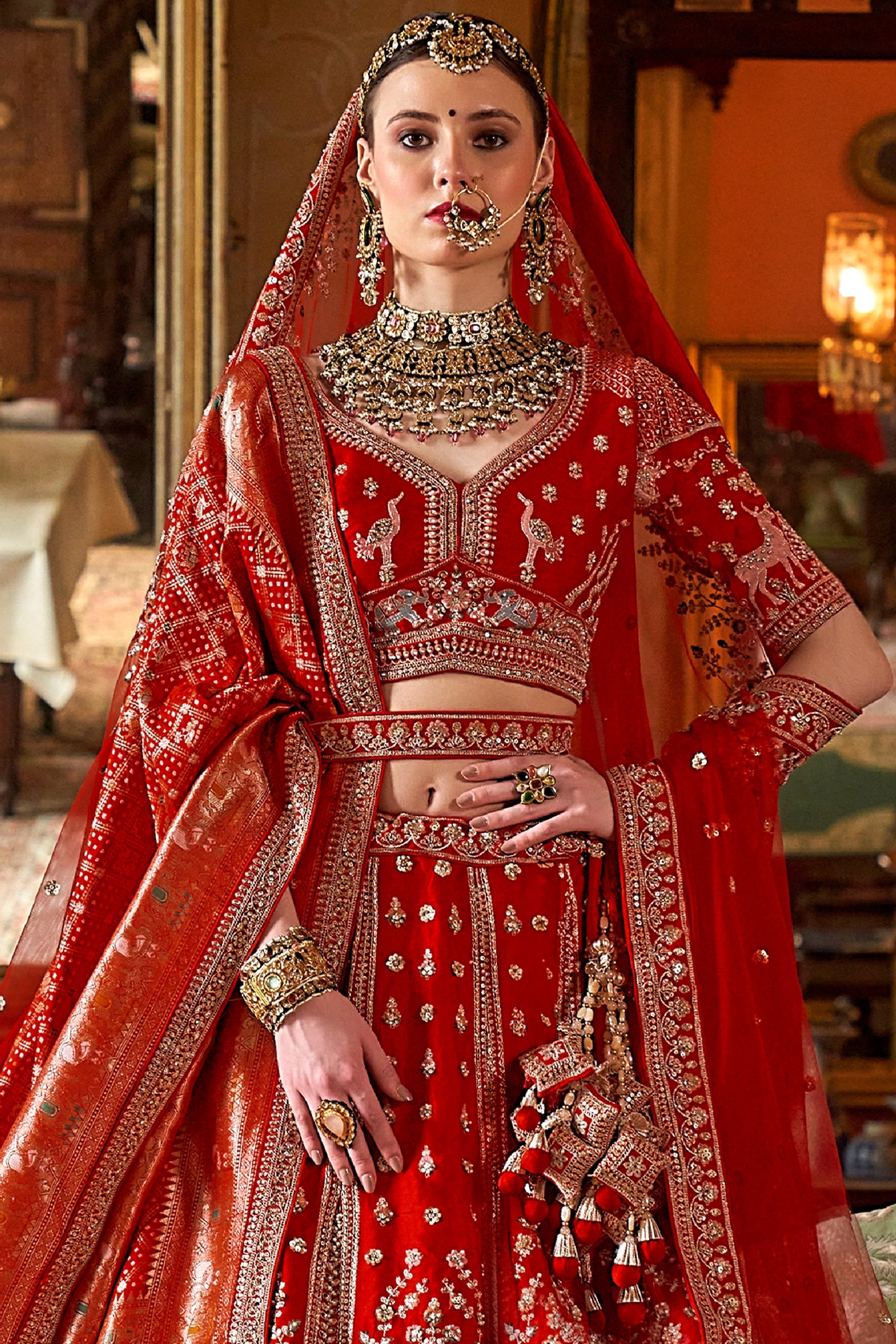 Scarlet Red Semi-Stitched Embroidered Silk Lehenga-SAR10309_3_SareeButa.com