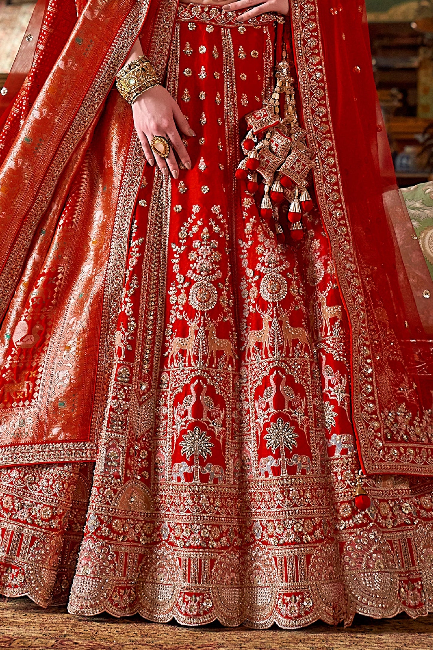Scarlet Red Semi-Stitched Embroidered Silk Lehenga-SAR10309_4_SareeButa.com