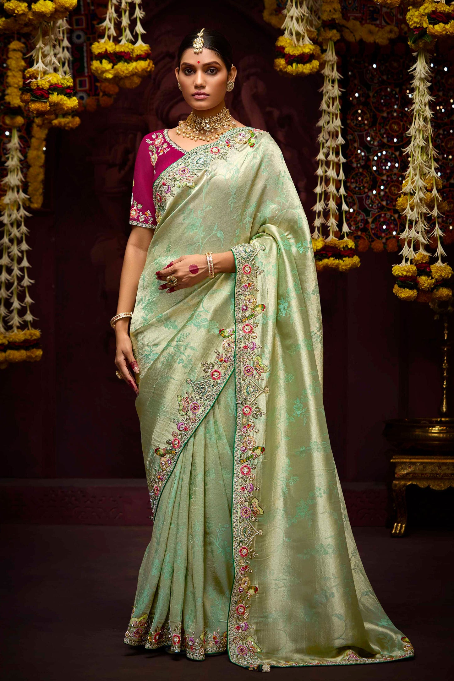 Sea Green Embroidered Banarasi Silk Saree-ZB133277_1_SareeButa.Com