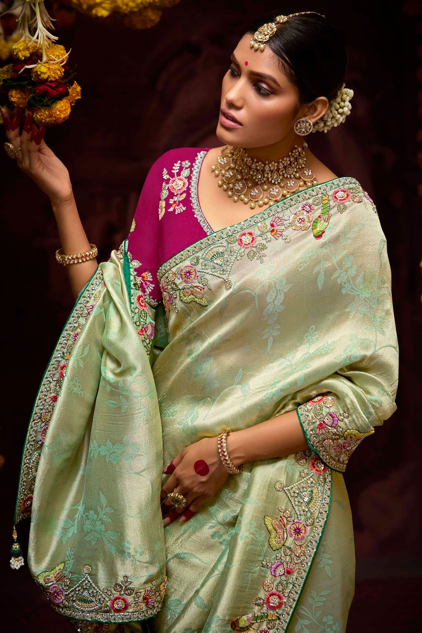 Sea Green Embroidered Banarasi Silk Saree-ZB133277_2_SareeButa.Com