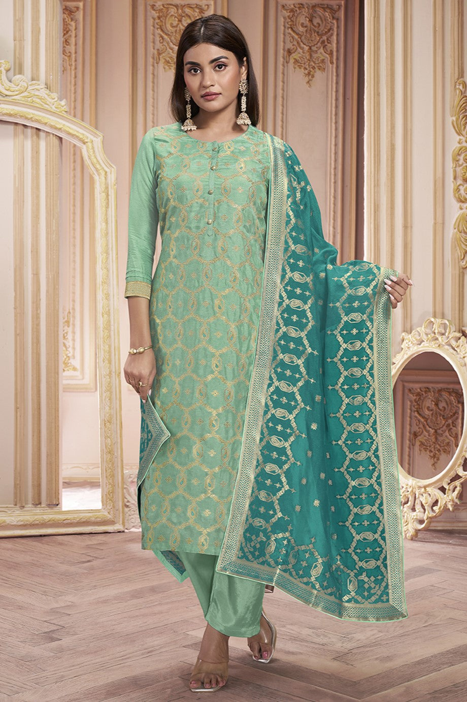 Sea Green Dola Silk Readymade Salwar Suit-SS136_1_SareeButa.com
