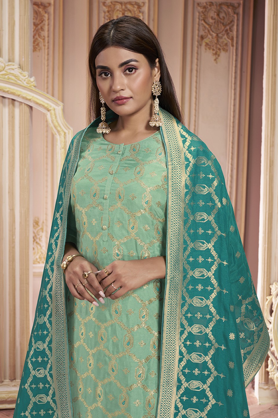 Sea Green Dola Silk Readymade Salwar Suit-SS136_3_SareeButa.com