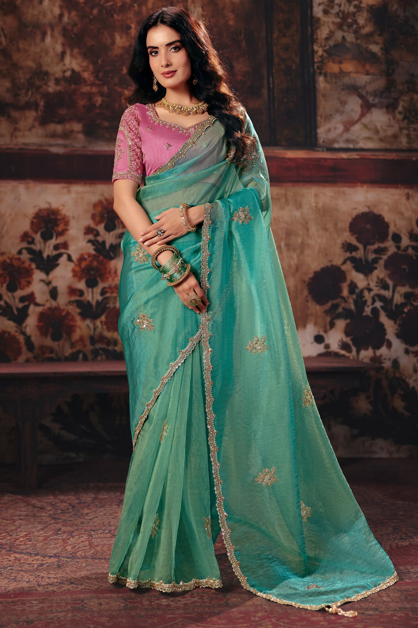 Sea Green Embroidered Organza Saree-SAR13205_1_SareeButa.com