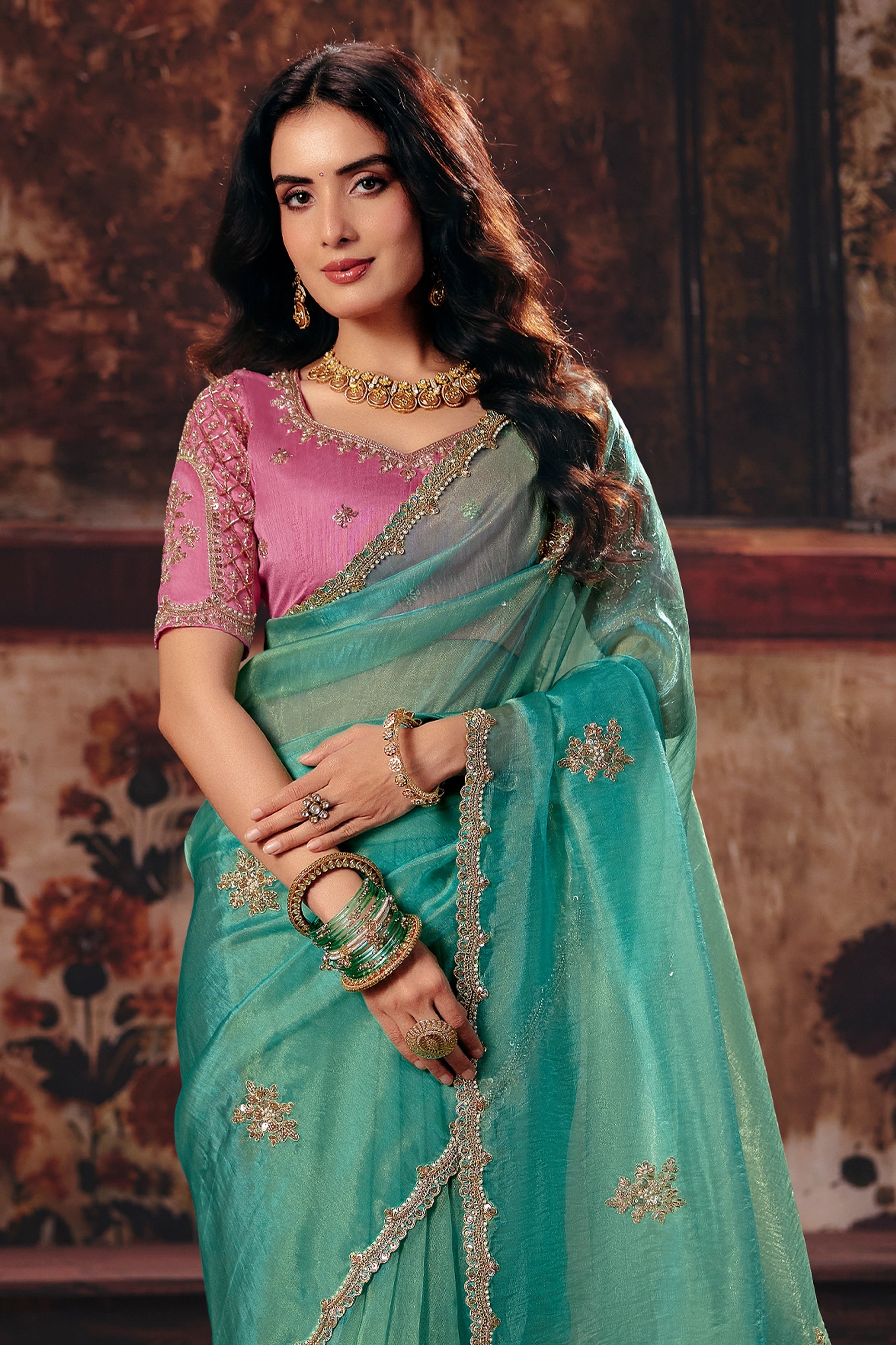 Sea Green Embroidered Organza Saree-SAR13205_5_SareeButa.com