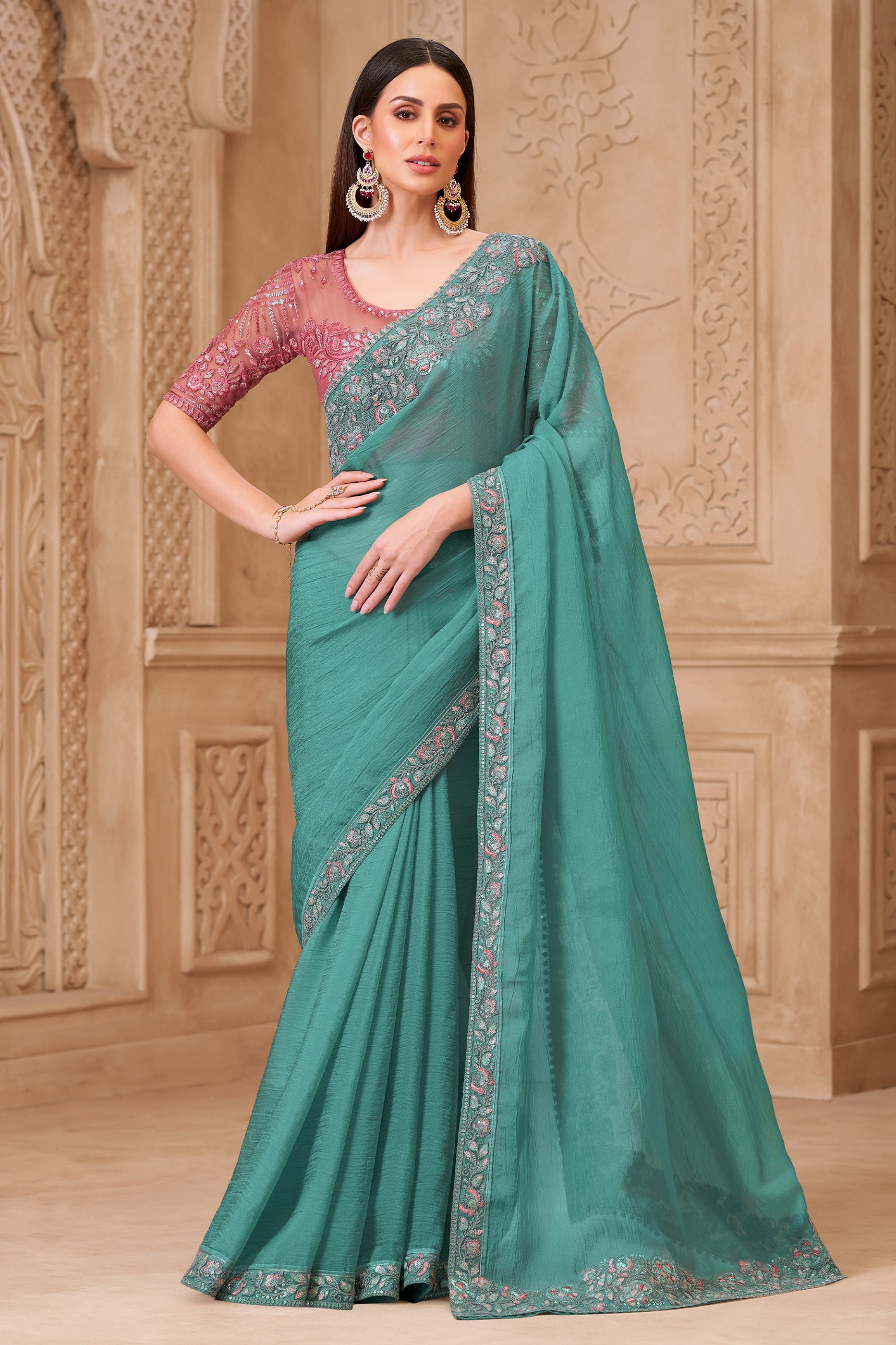 Sea Green Embroidered Satin Georgette Saree-SAR10596_1_SareeButa.com