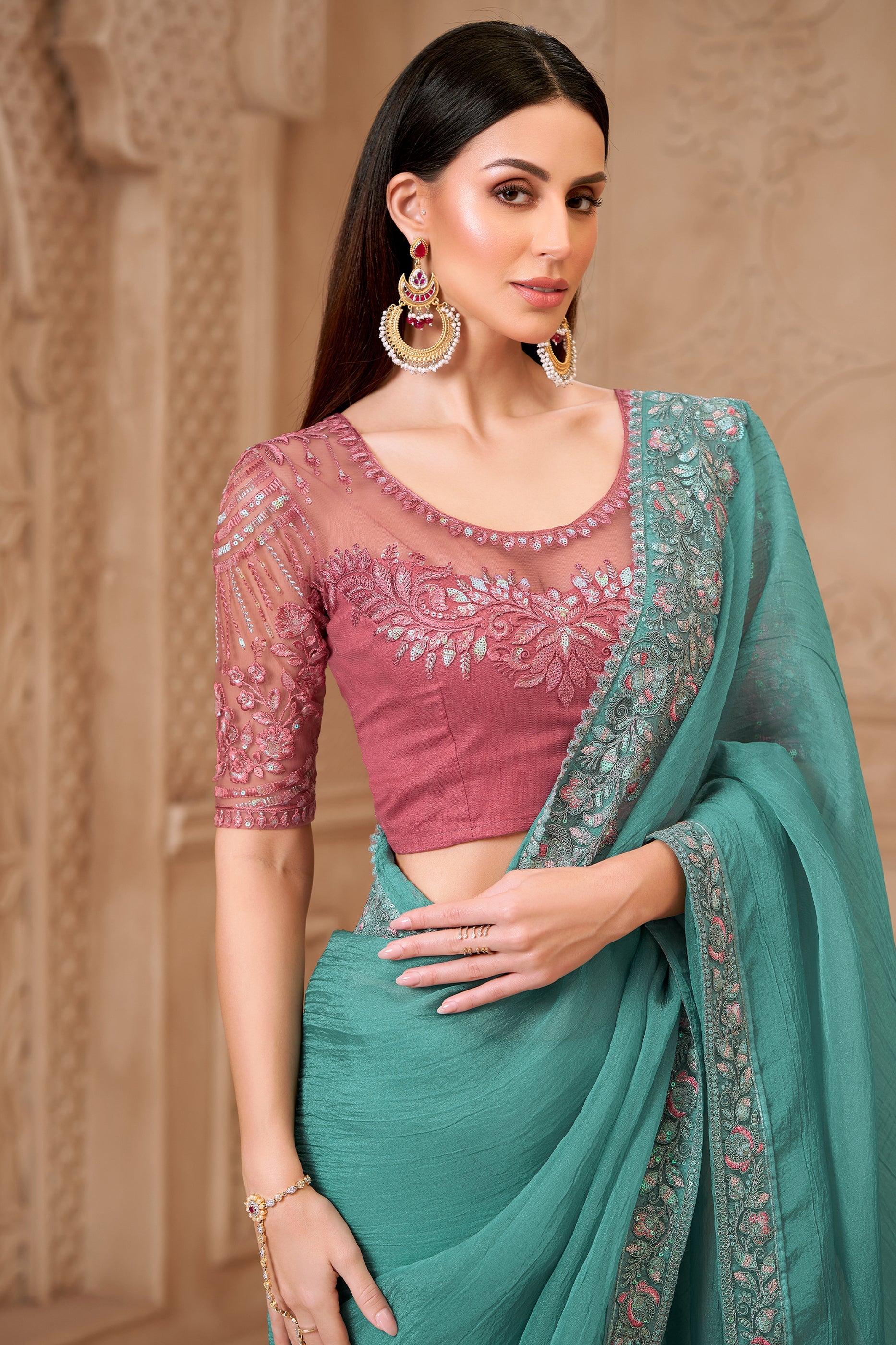 Sea Green Embroidered Satin Georgette Saree-SAR10596_2_SareeButa.com