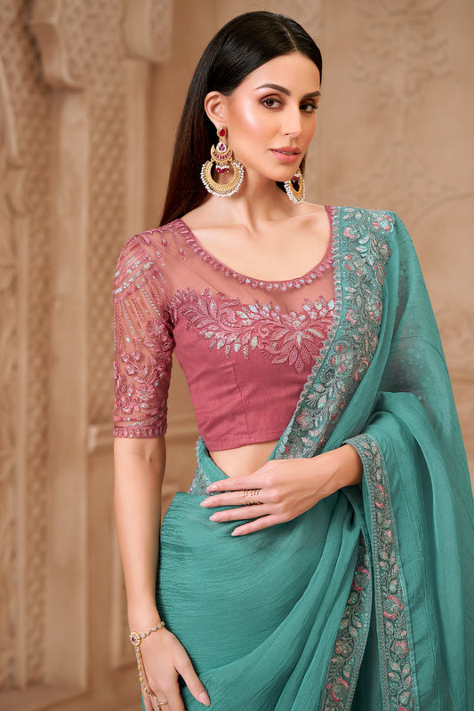 Sea Green Embroidered Satin Georgette Saree-SAR10596_2_SareeButa.com