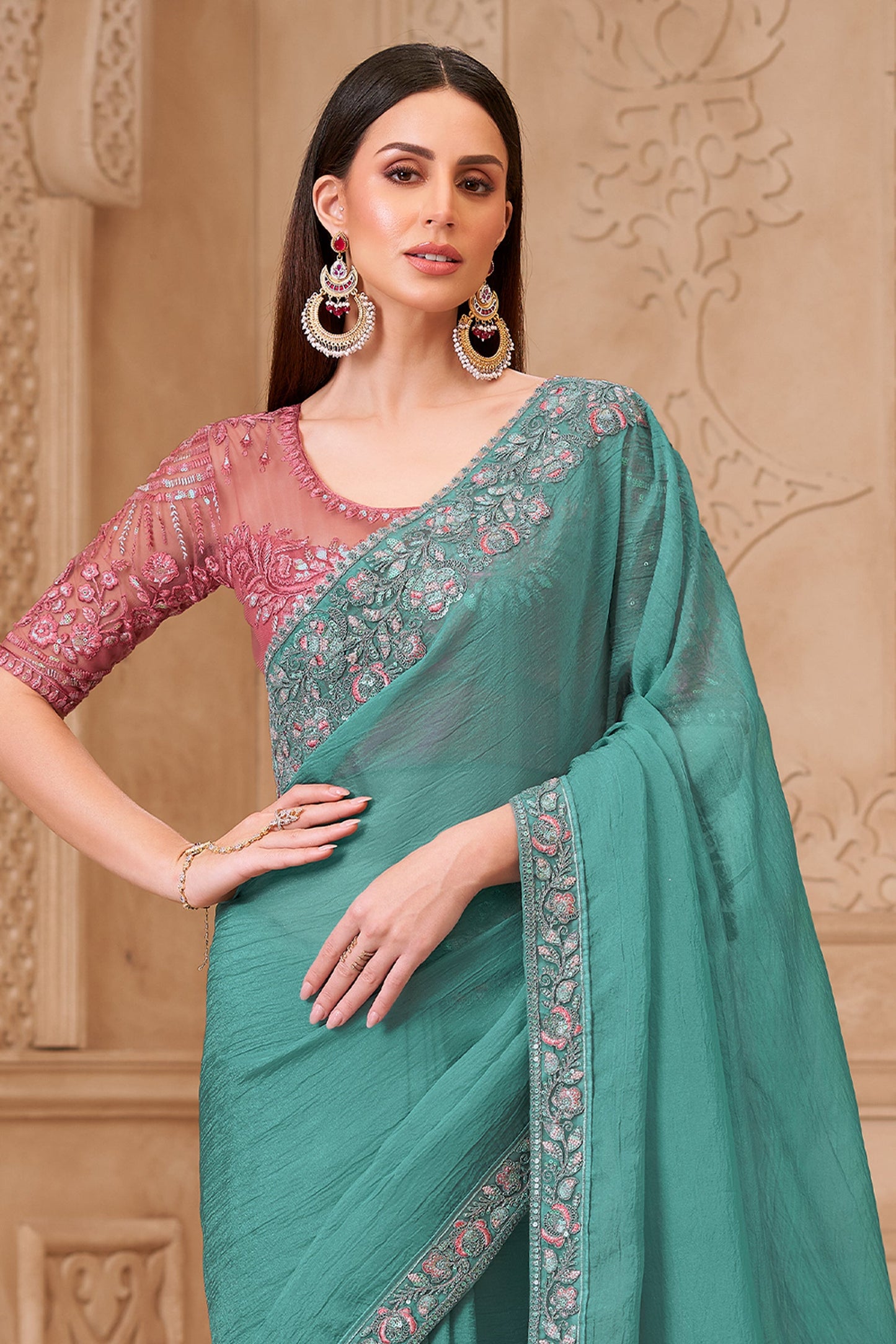 Sea Green Embroidered Satin Georgette Saree-SAR10596_3_SareeButa.com