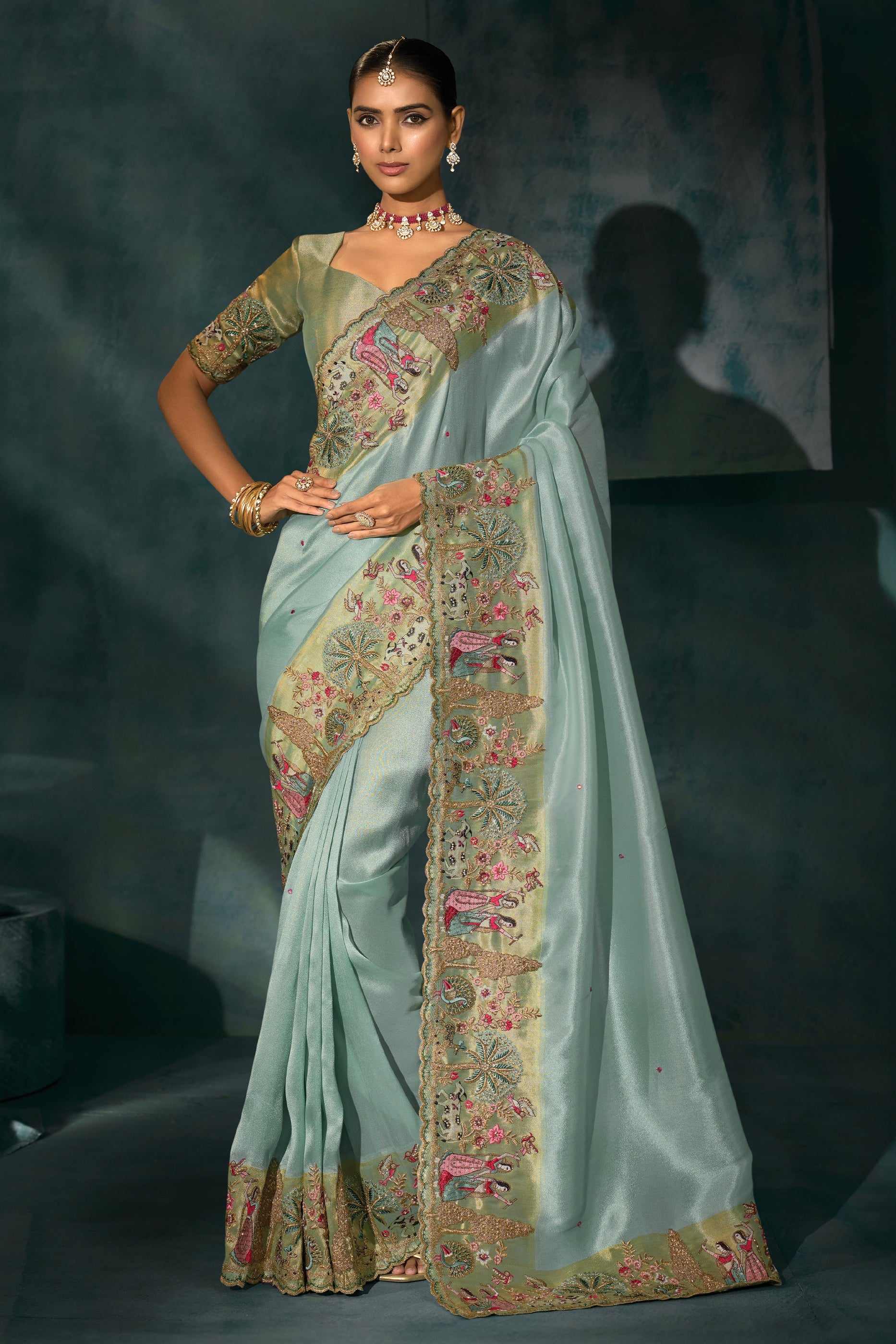 Sea Green Embroidered Silk Saree-SAR10399_1_SareeButa.com