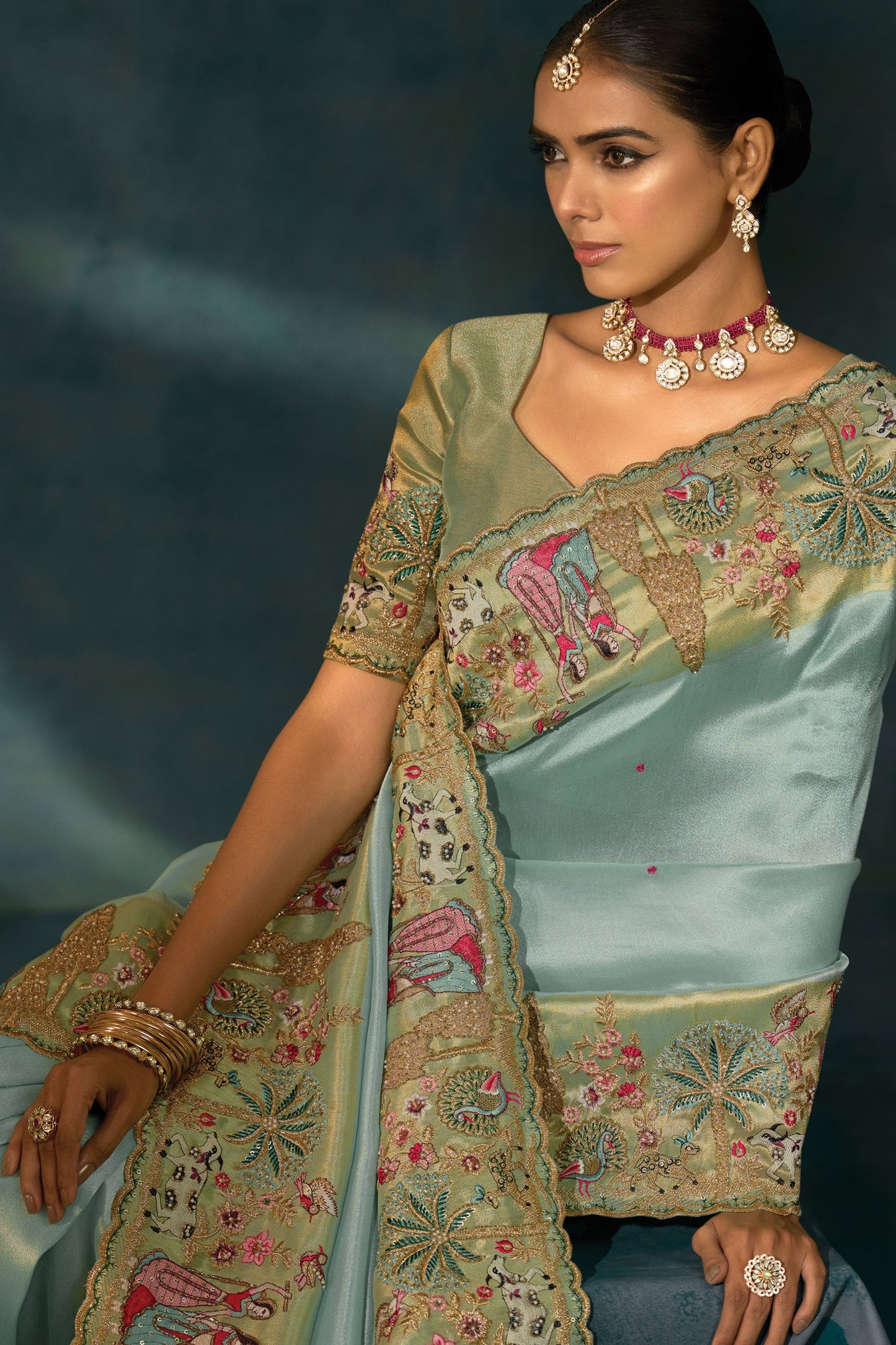 Sea Green Embroidered Silk Saree-SAR10399_2_SareeButa.com