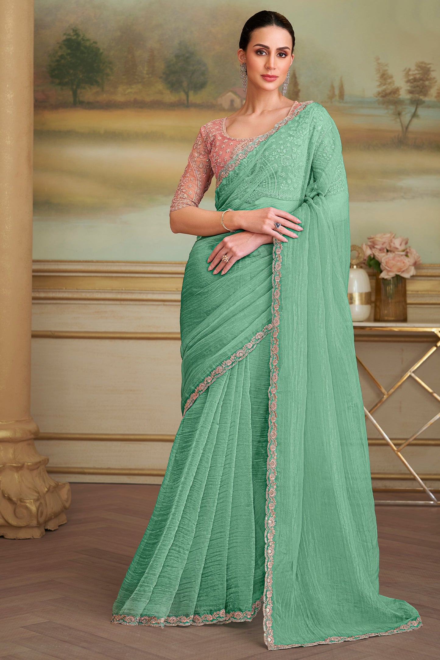 Sea Green Embroidered Tissue Georgette Saree-SAR10850_1_SareeButa.com