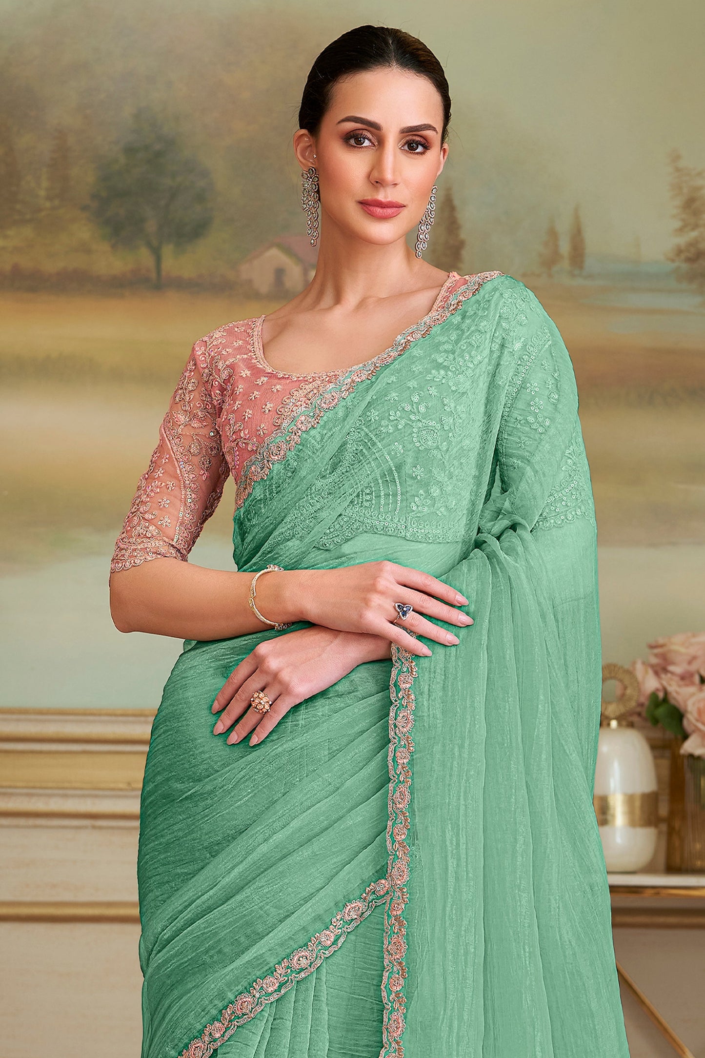 Sea Green Embroidered Tissue Georgette Saree-SAR10850_3_SareeButa.com