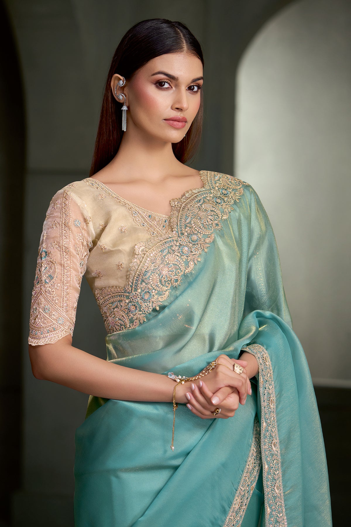 Sea Green Embroidered Tissue Silk Saree-SAR13288_2_SareeButa.com