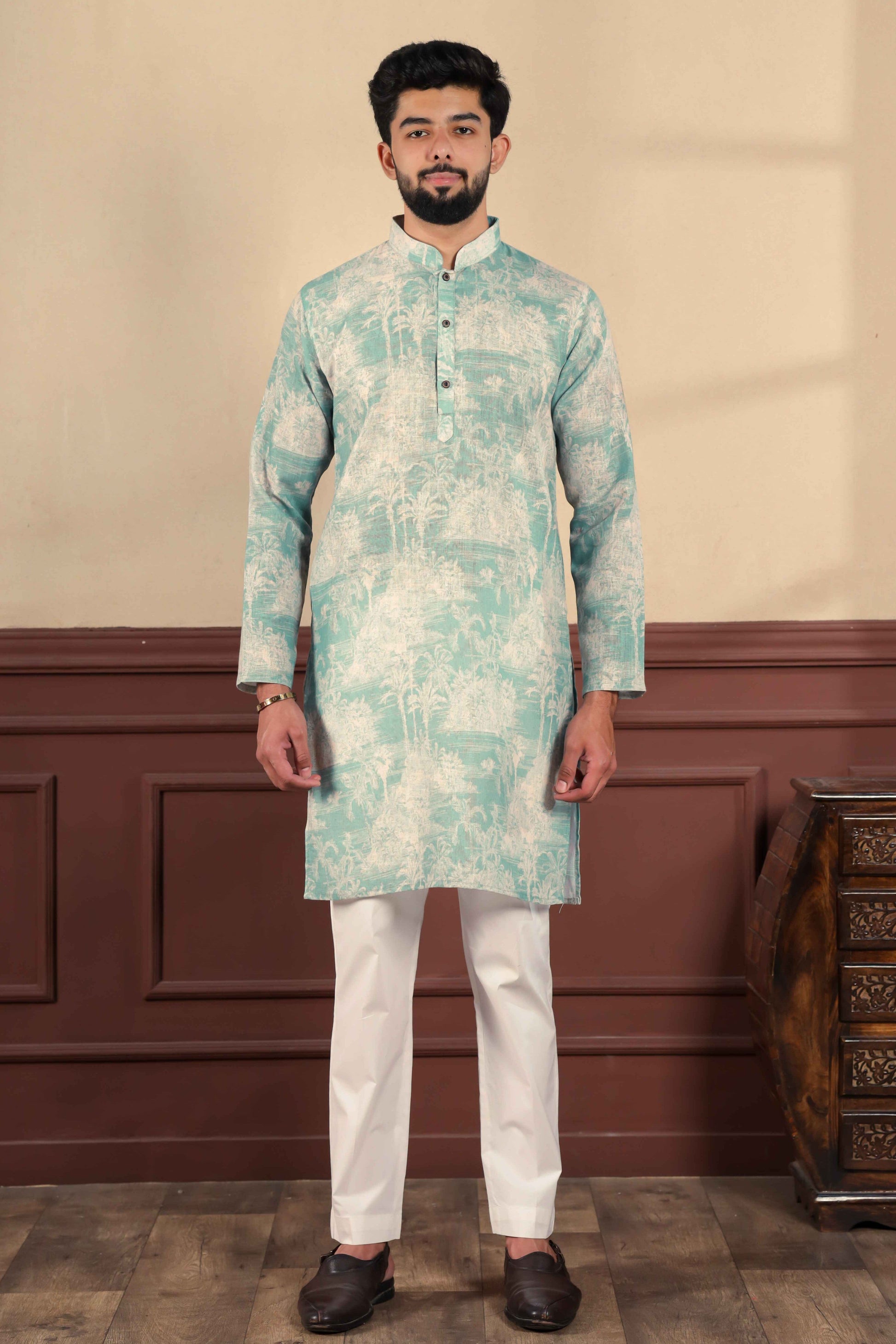Sea Green Printed Linen Kurta Pajama-MW75_1_SareeButa.com