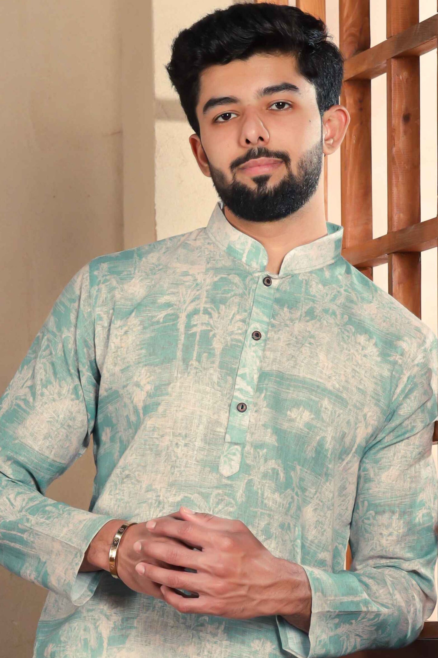 Sea Green Printed Linen Kurta Pajama-MW75_2_SareeButa.com