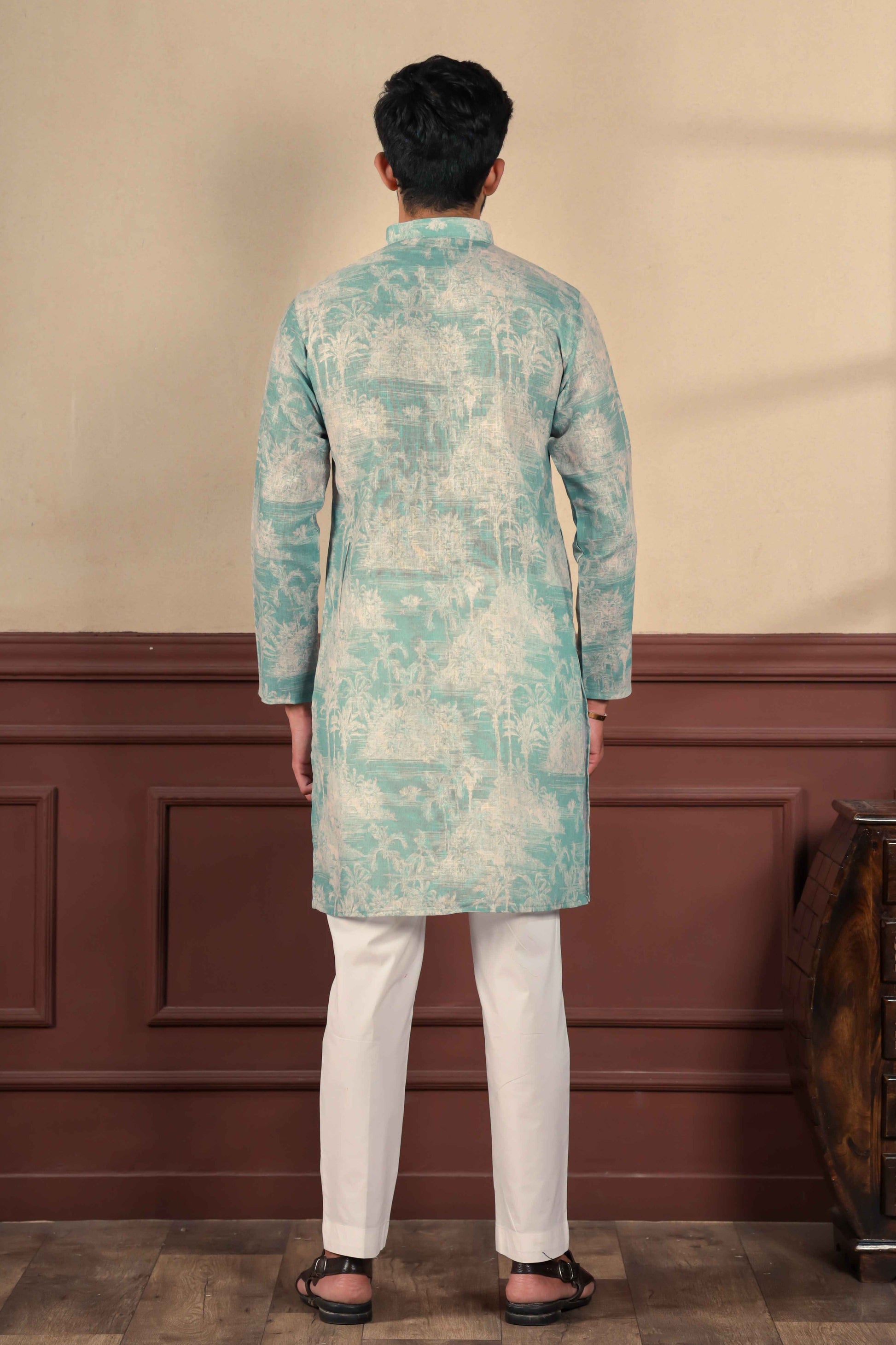 Sea Green Printed Linen Kurta Pajama-MW75_3_SareeButa.com