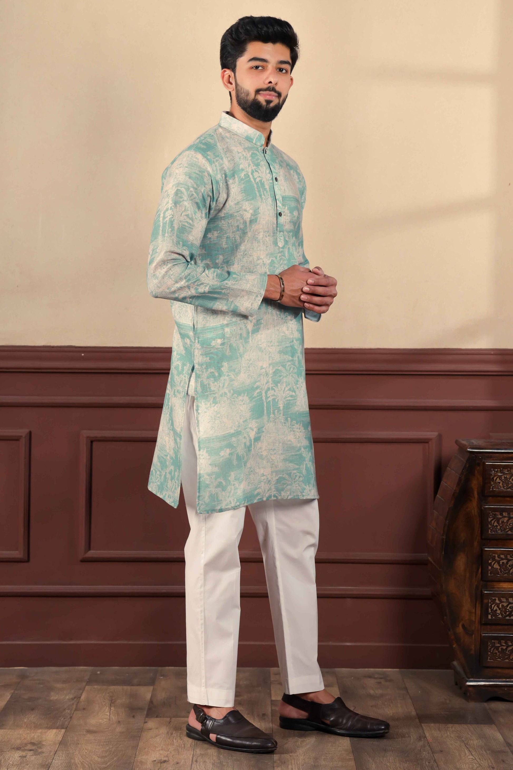 Sea Green Printed Linen Kurta Pajama-MW75_4_SareeButa.com