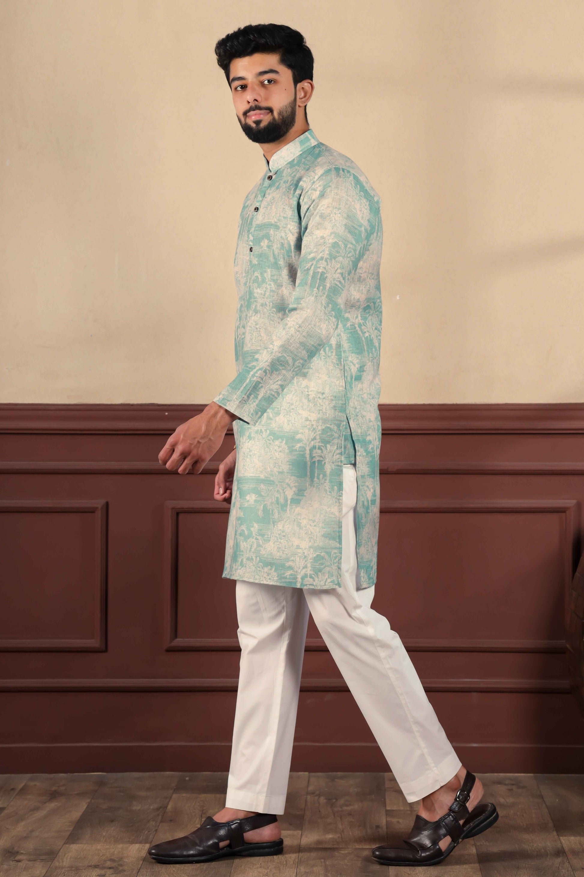 Sea Green Printed Linen Kurta Pajama-MW75_5_SareeButa.com