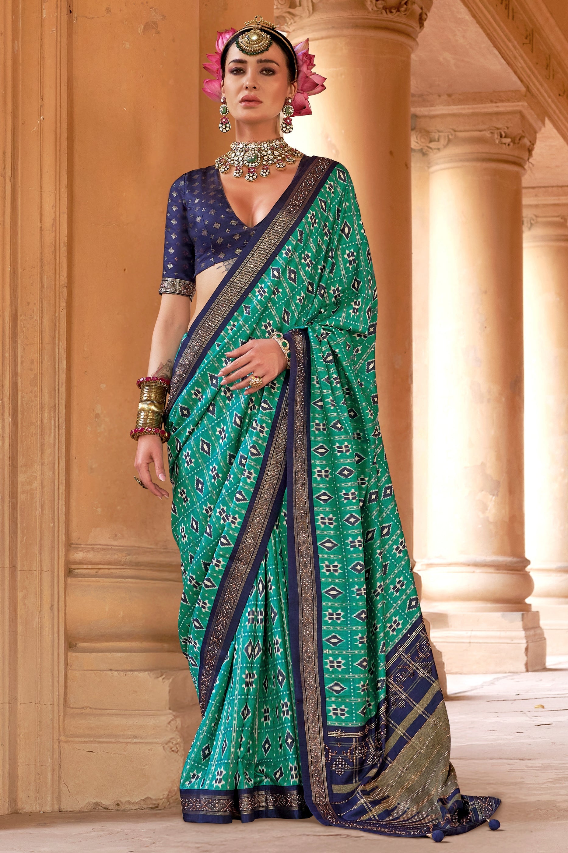 Sea Green Printed Viscose Silk Patola Saree-SAR10159_1_SareeButa.com