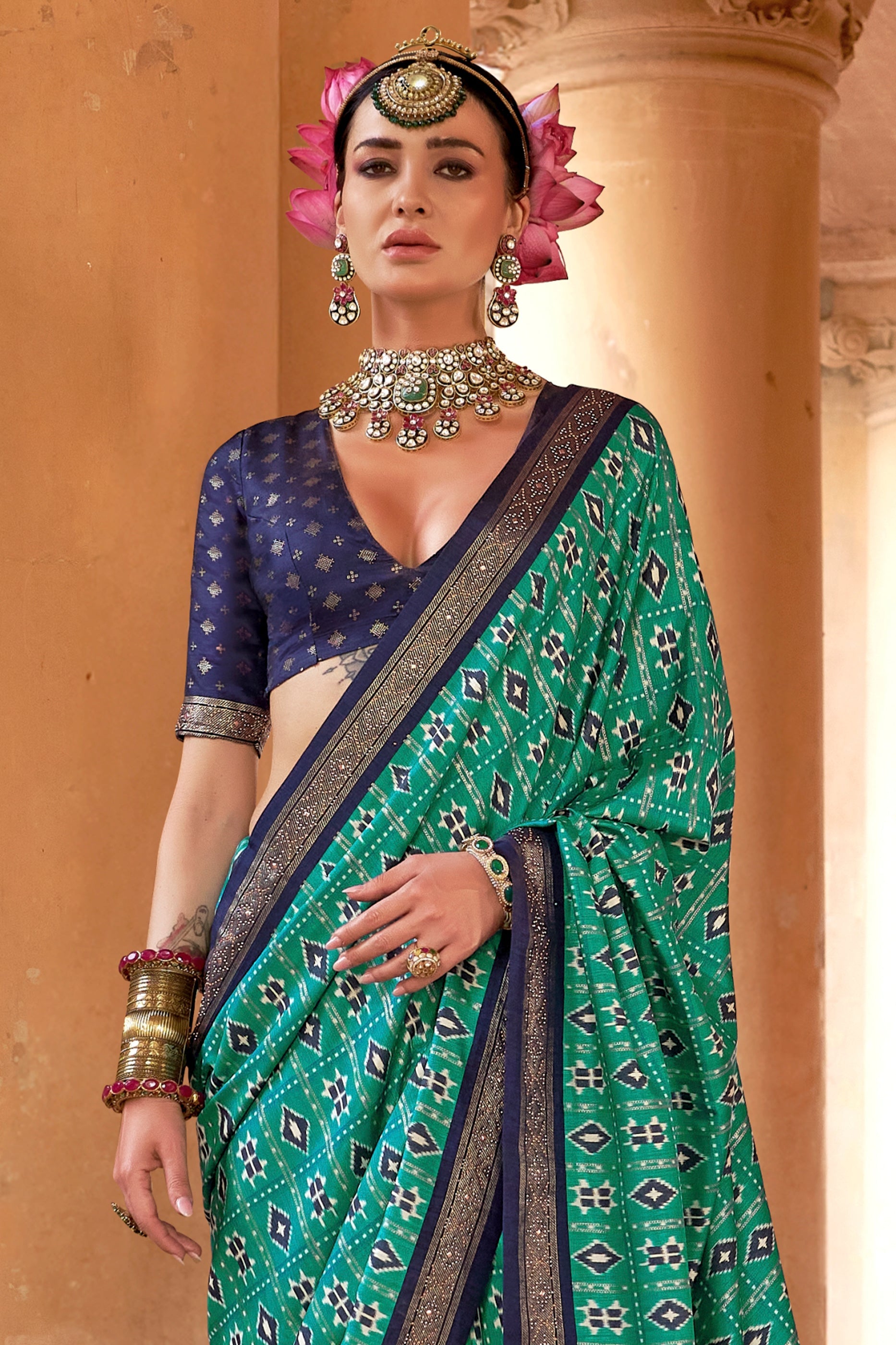 Sea Green Printed Viscose Silk Patola Saree-SAR10159_3_SareeButa.com