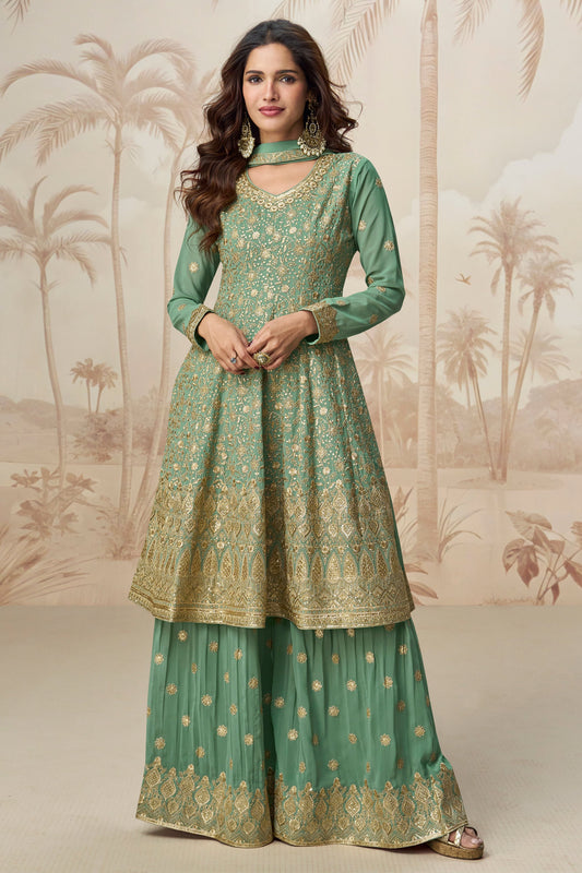 Sea Green Readymade A-line Georgette Suit-SS546_1_SareeButa.com