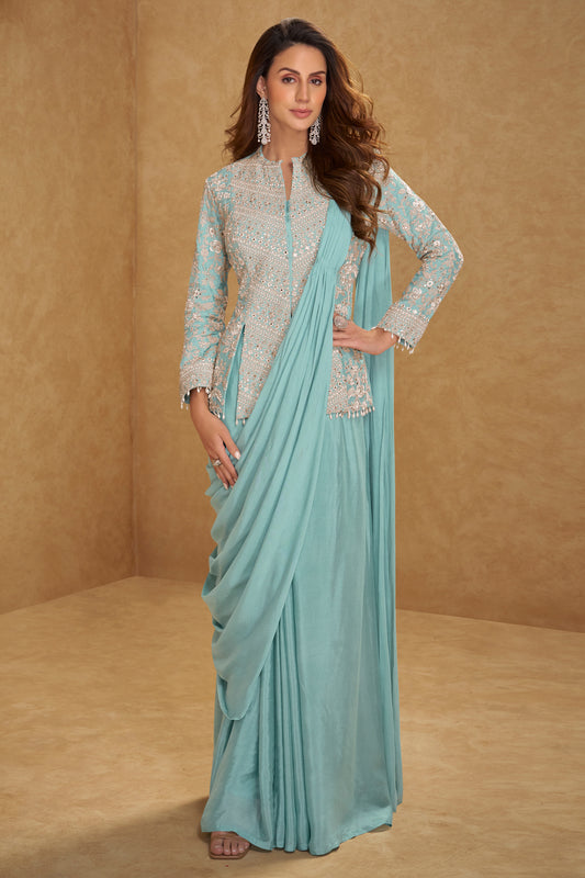 Sea Green Readymade Chinon Skirt Set With Stitched Dupatta-SAR12794_1_SareeButa.com