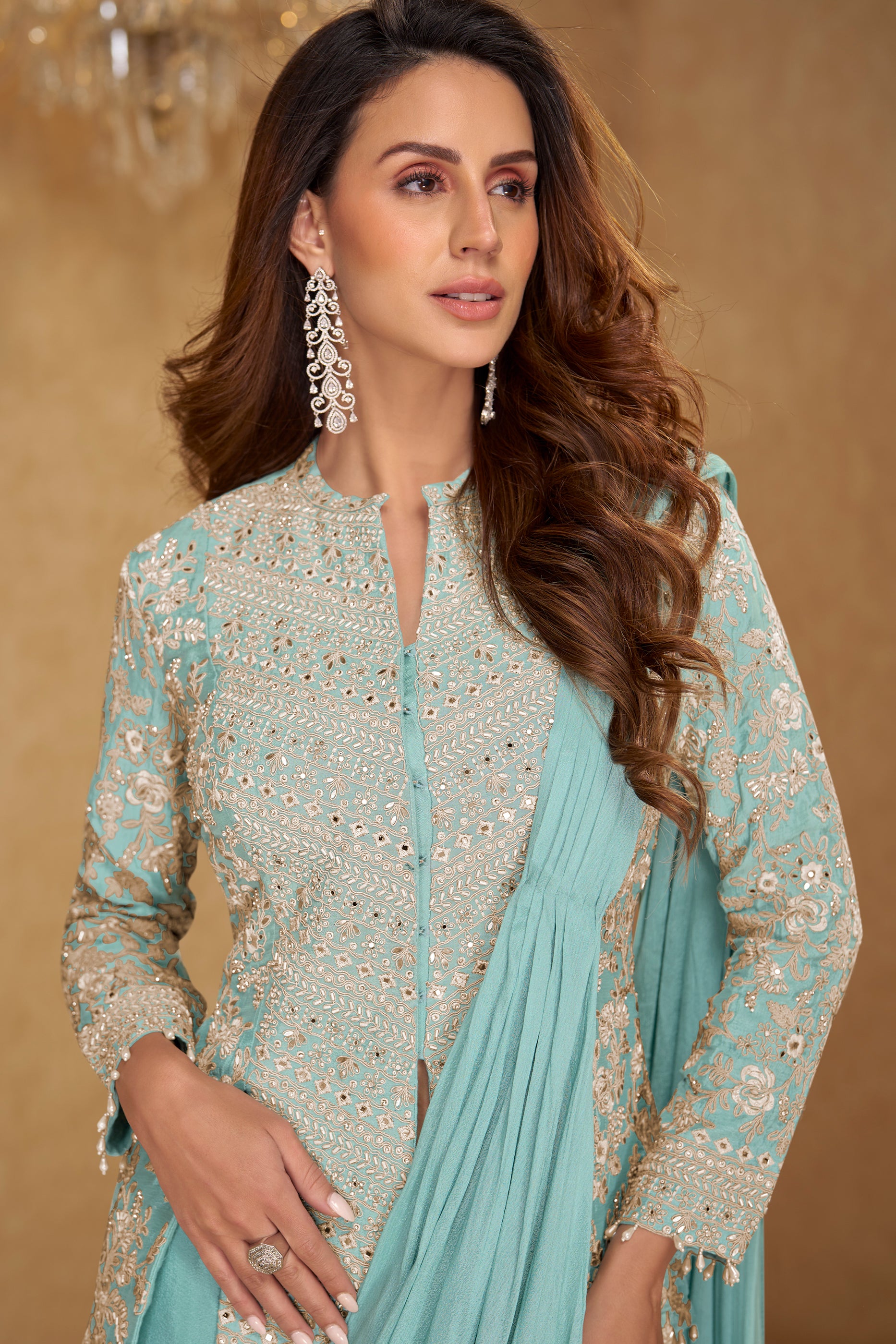 Sea Green Readymade Chinon Skirt Set With Stitched Dupatta-SAR12794_2_SareeButa.com