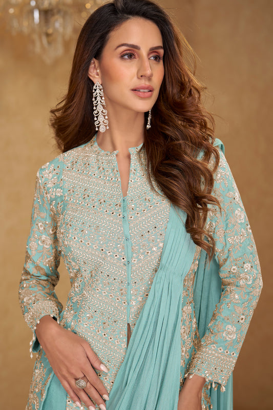 Sea Green Readymade Chinon Skirt Set With Stitched Dupatta-SAR12794_2_SareeButa.com