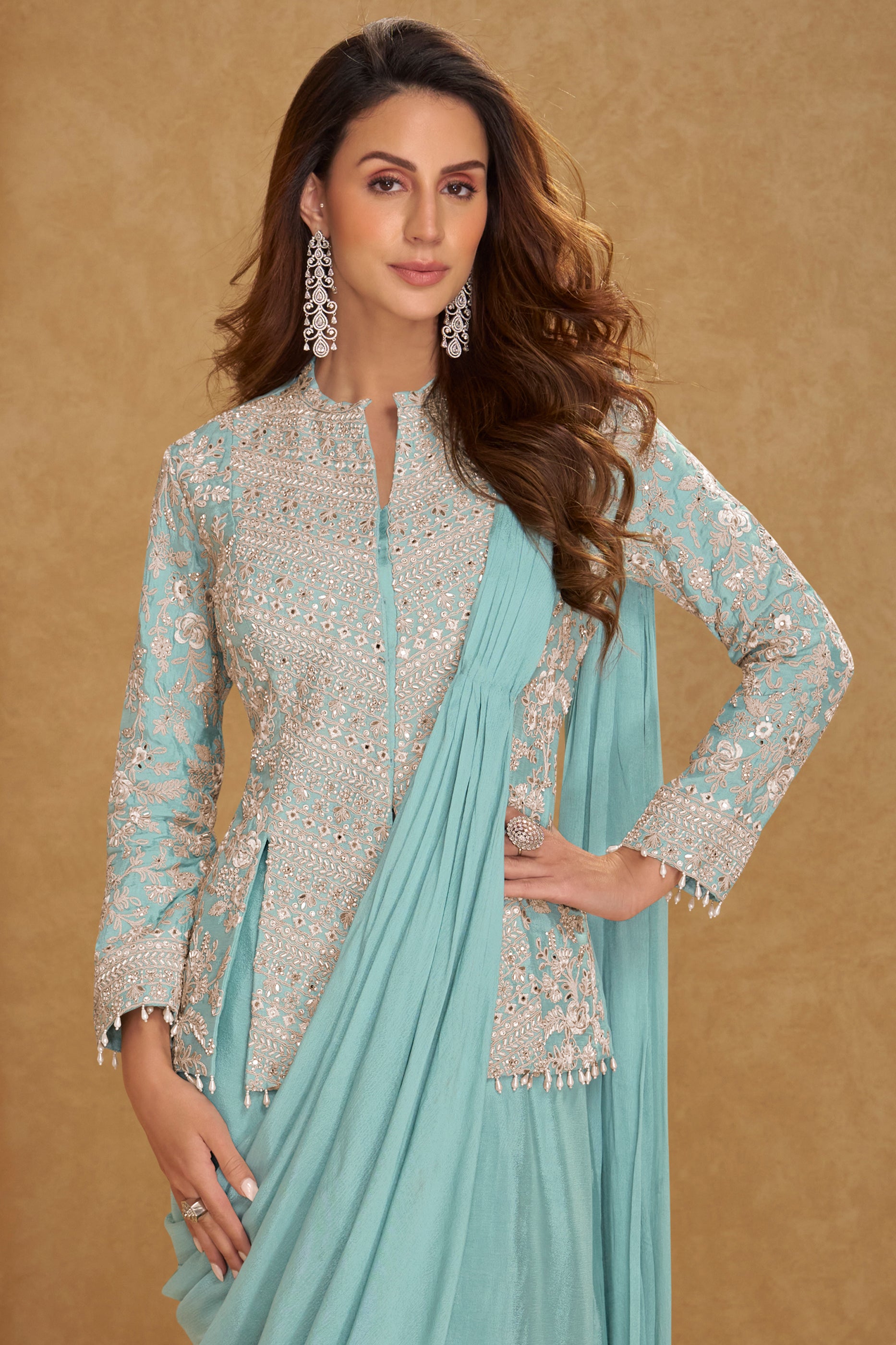 Sea Green Readymade Chinon Skirt Set With Stitched Dupatta-SAR12794_3_SareeButa.com