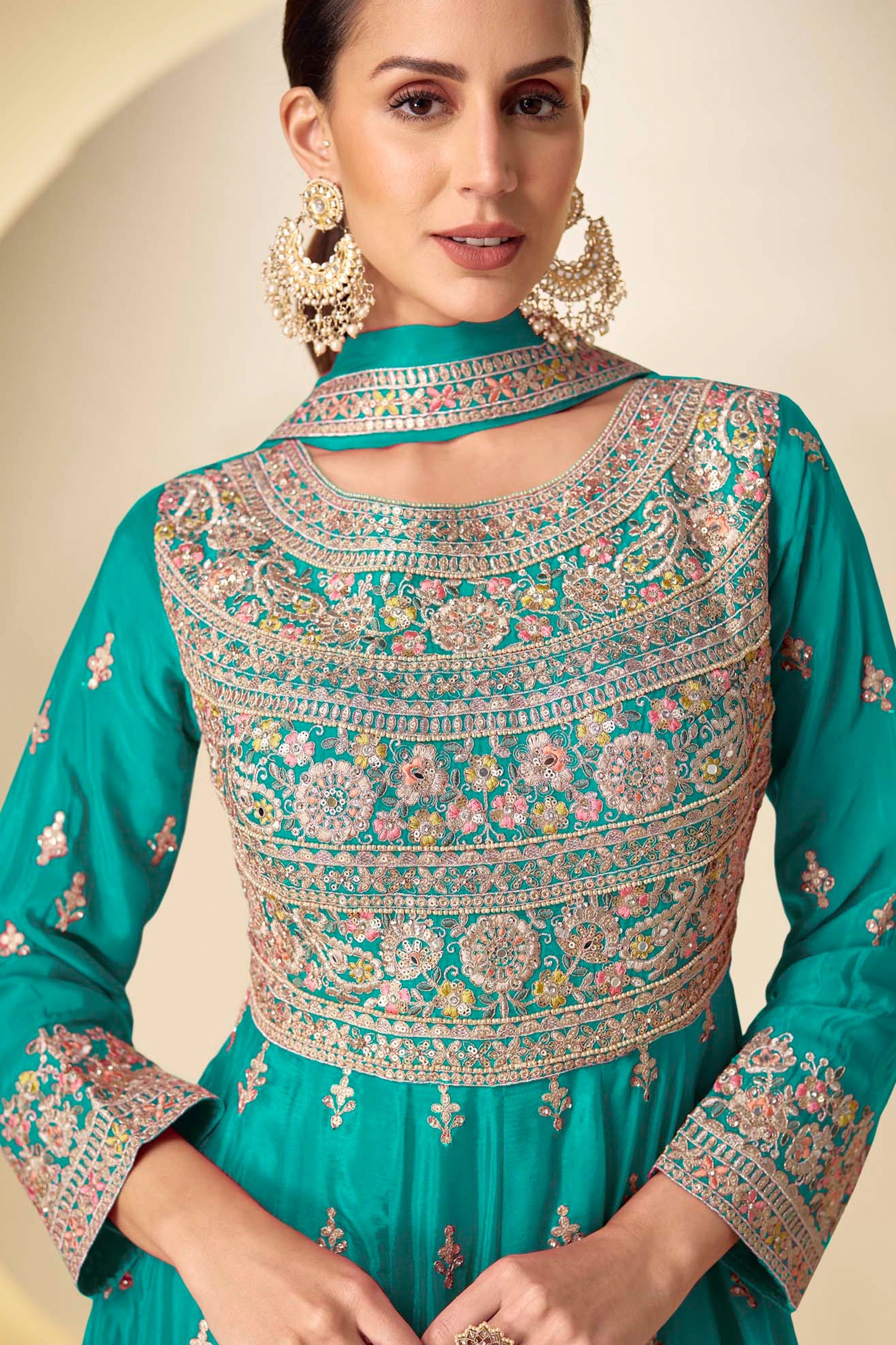 Sea Green Readymade Embroidered Chinon Anarkali Suit-SAR10928_2_SareeButa.com