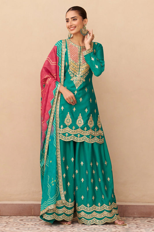 Sea Green Readymade Embroidered Chinon Palazzo Suit-SAR10912_1_SareeButa.com