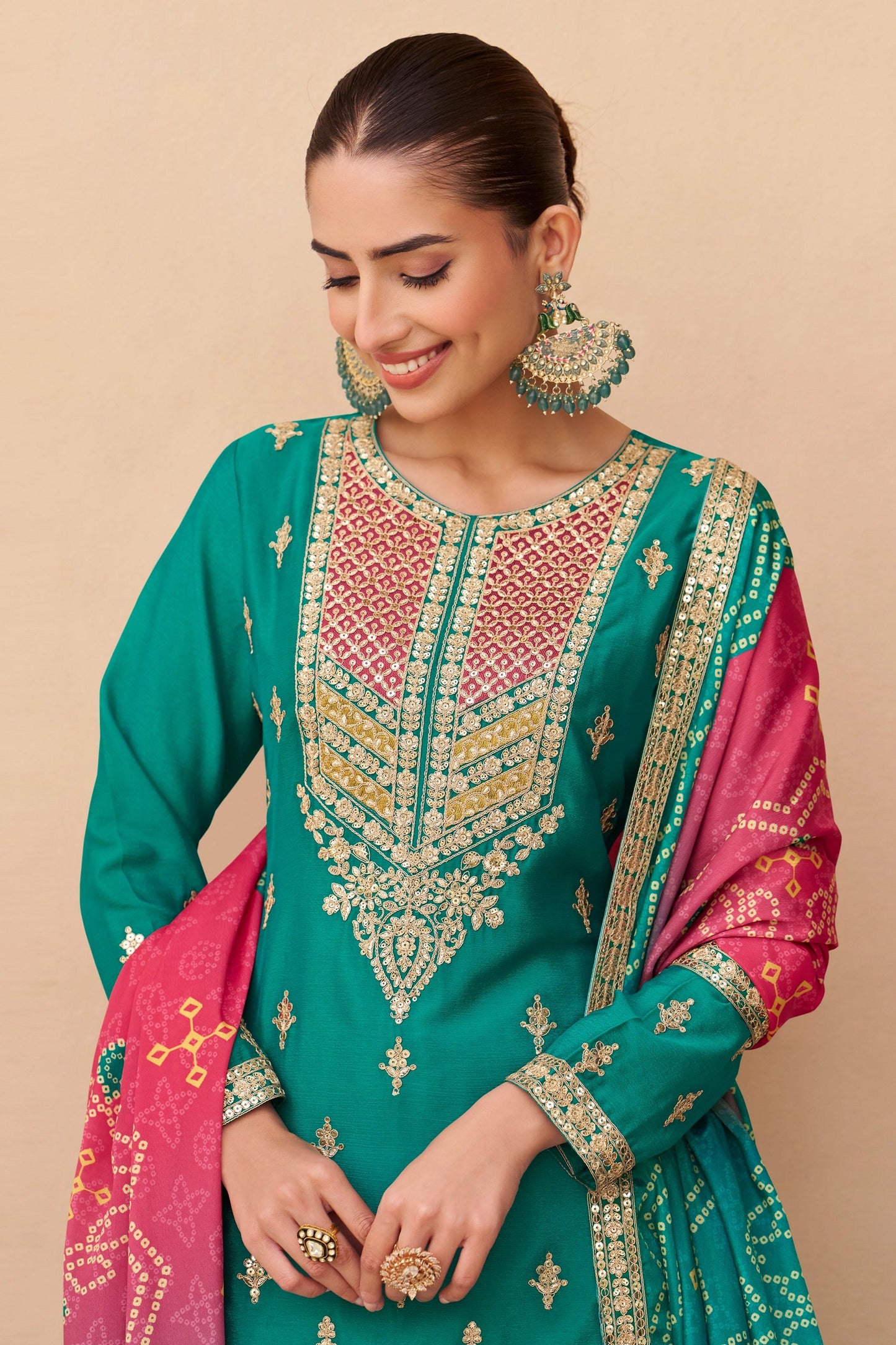 Sea Green Readymade Embroidered Chinon Palazzo Suit-SAR10912_2_SareeButa.com