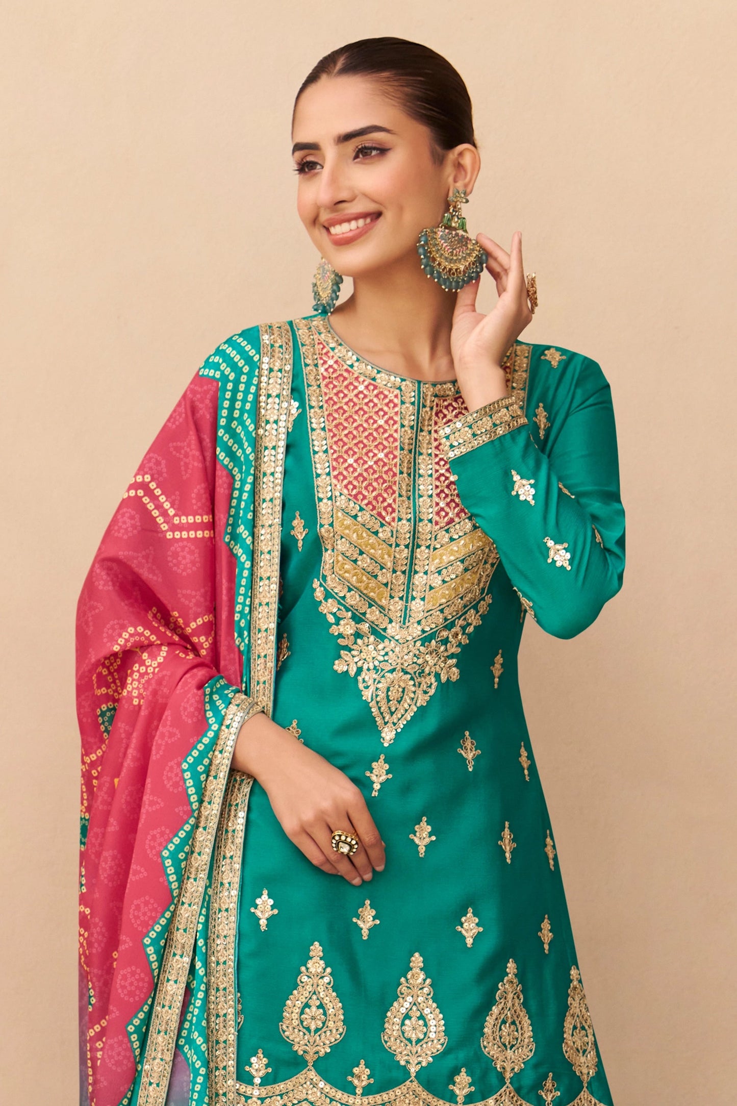 Sea Green Readymade Embroidered Chinon Palazzo Suit-SAR10912_3_SareeButa.com