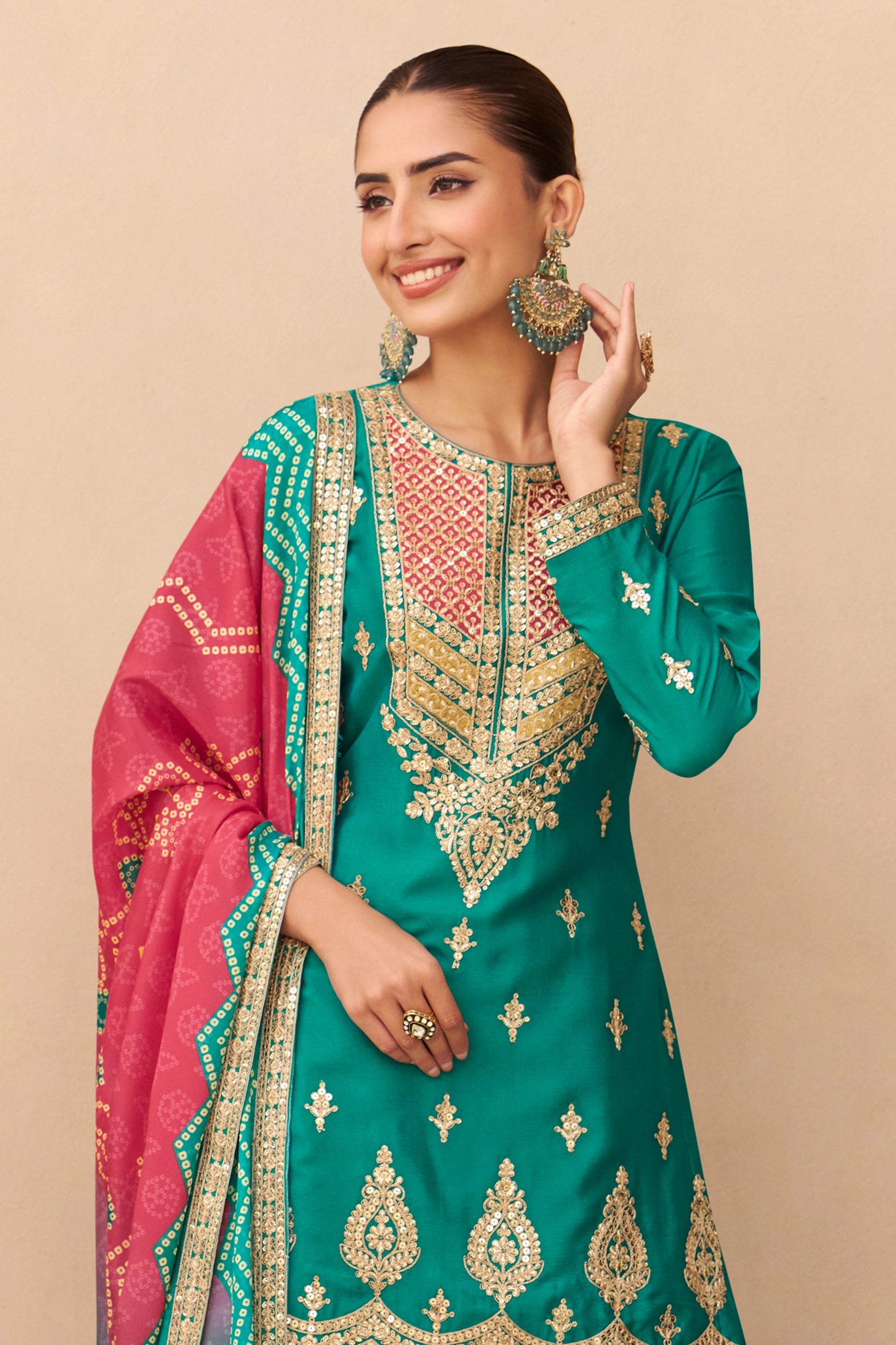 Sea Green Readymade Embroidered Chinon Palazzo Suit-SAR10912_3_SareeButa.com