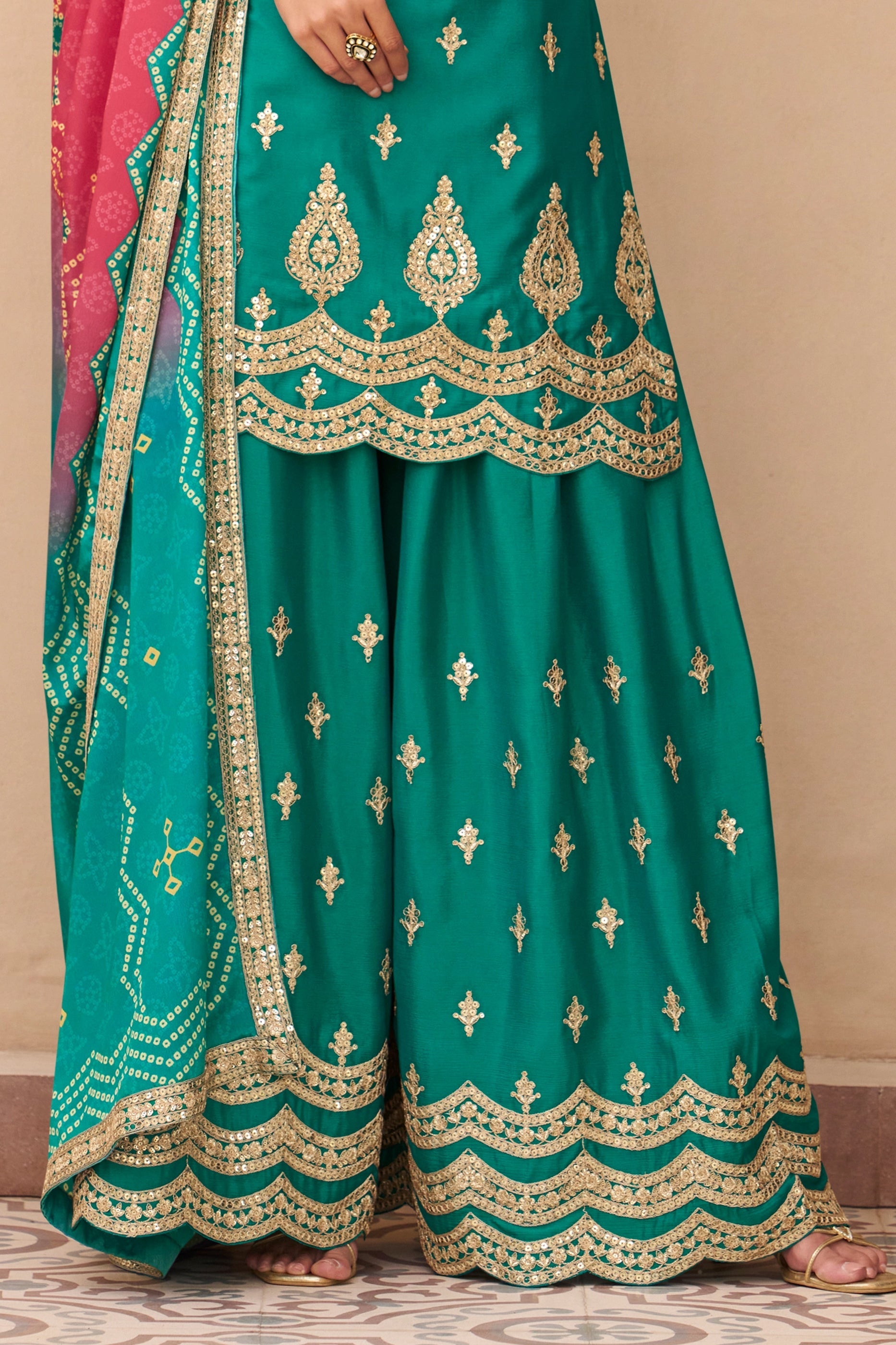 Sea Green Readymade Embroidered Chinon Palazzo Suit-SAR10912_4_SareeButa.com