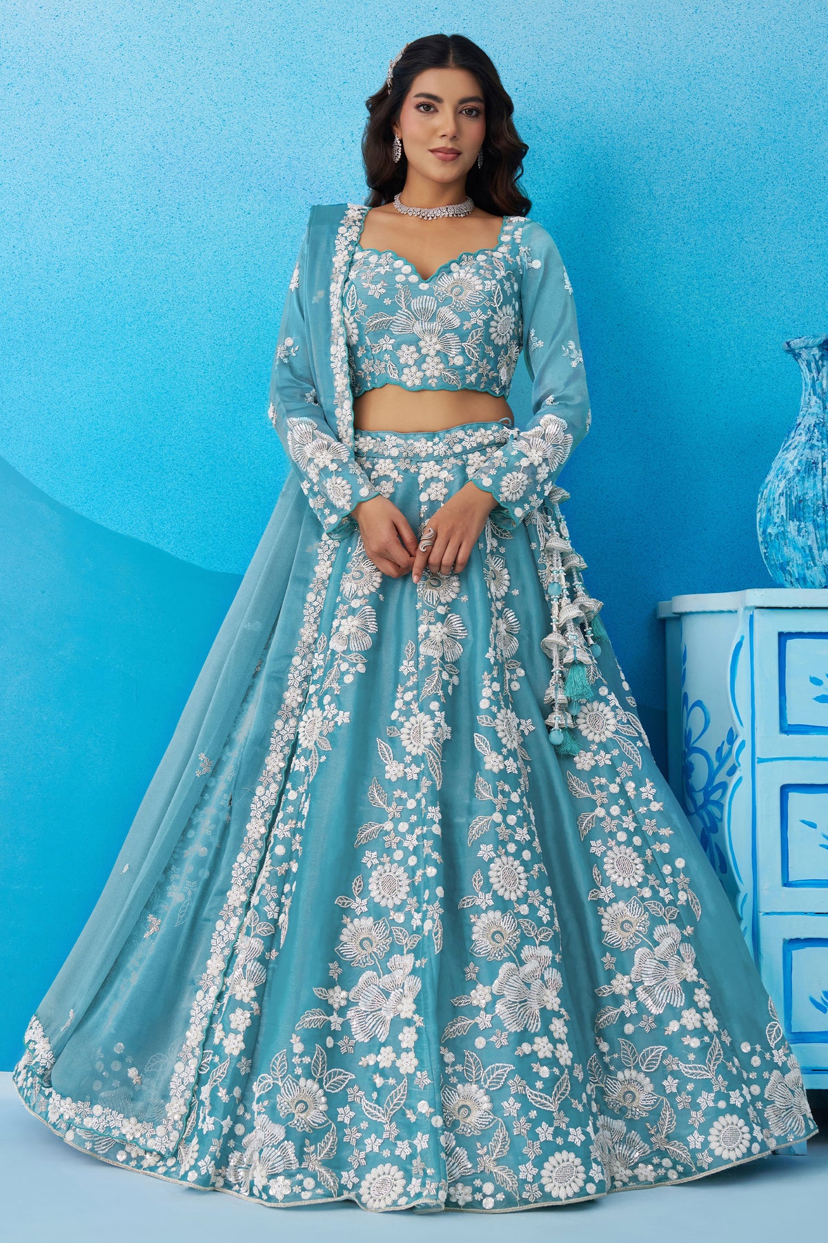 Sea Green Readymade Embroidered Organza Lehenga-SAR12893_1_SareeButa.com