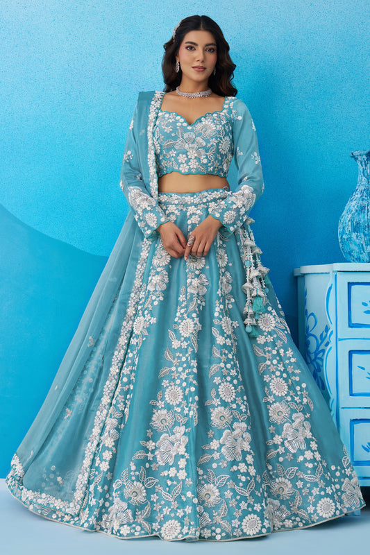 Sea Green Readymade Embroidered Organza Lehenga-SAR12893_1_SareeButa.com