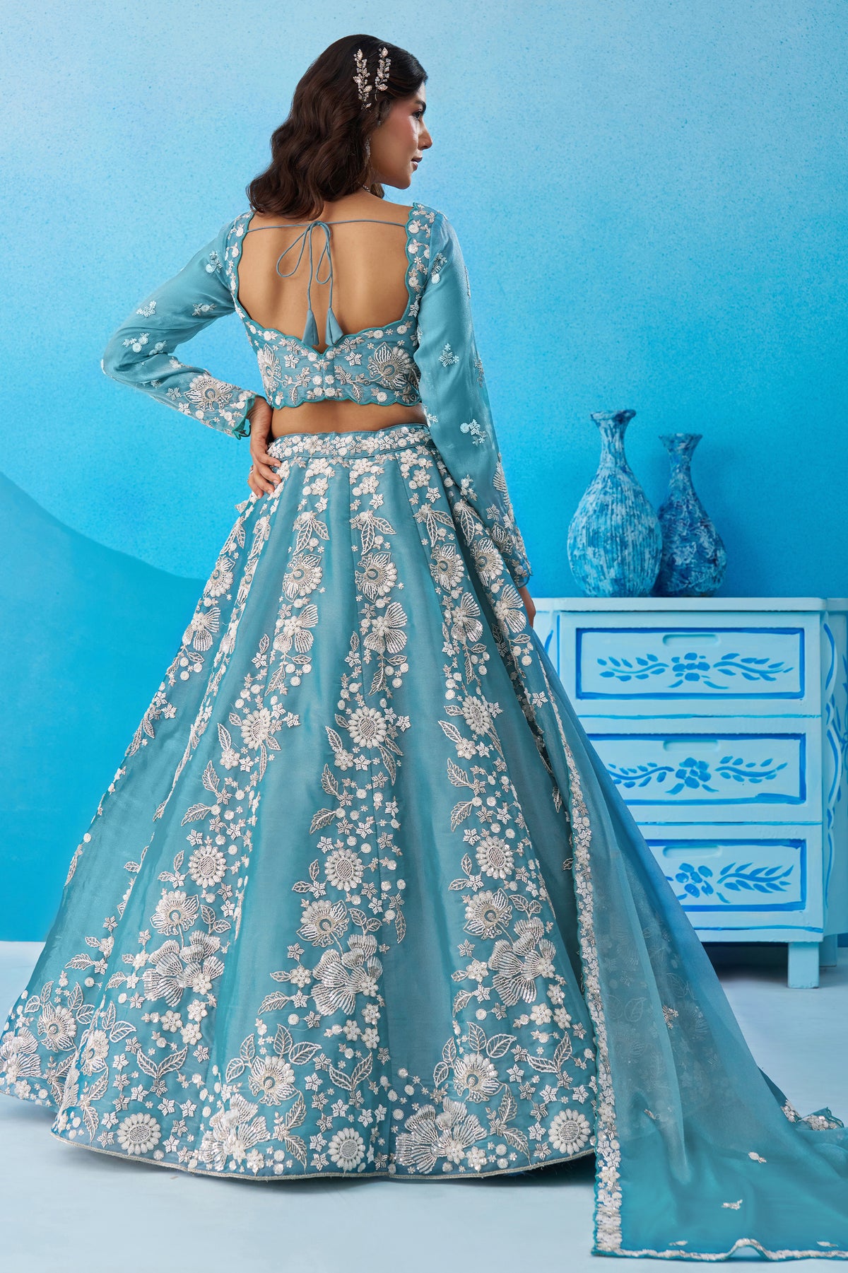 Sea Green Readymade Embroidered Organza Lehenga-SAR12893_3_SareeButa.com