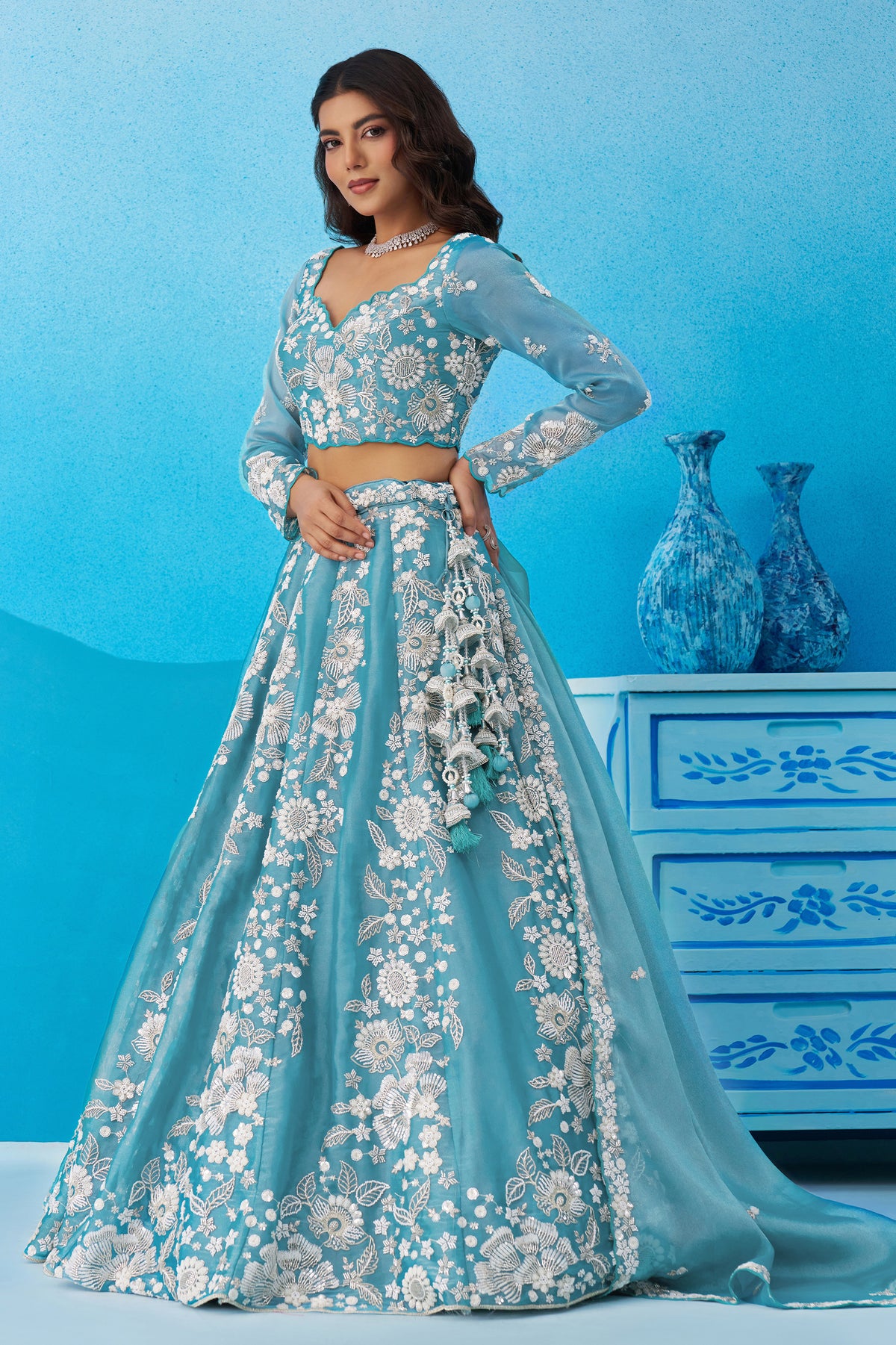 Sea Green Readymade Embroidered Organza Lehenga-SAR12893_4_SareeButa.com
