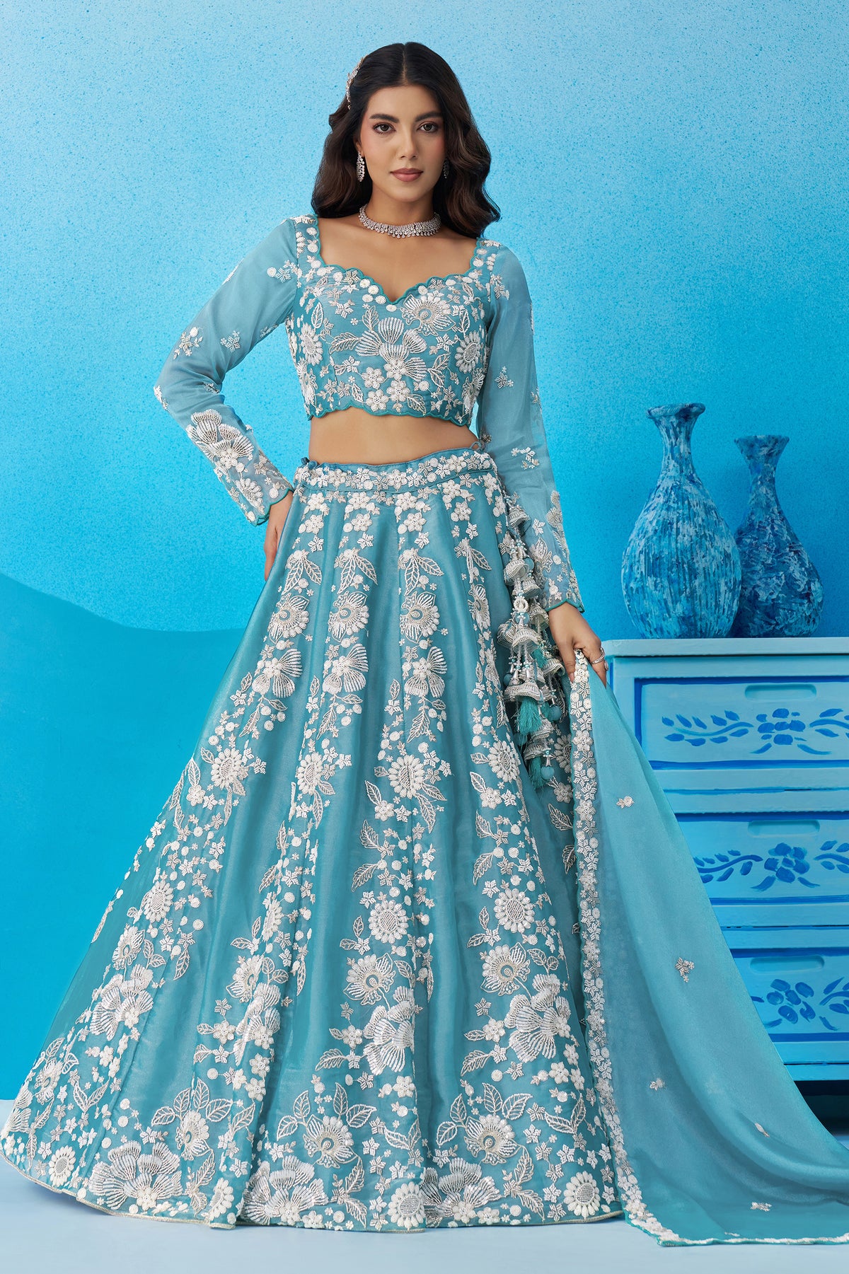 Sea Green Readymade Embroidered Organza Lehenga-SAR12893_5_SareeButa.com