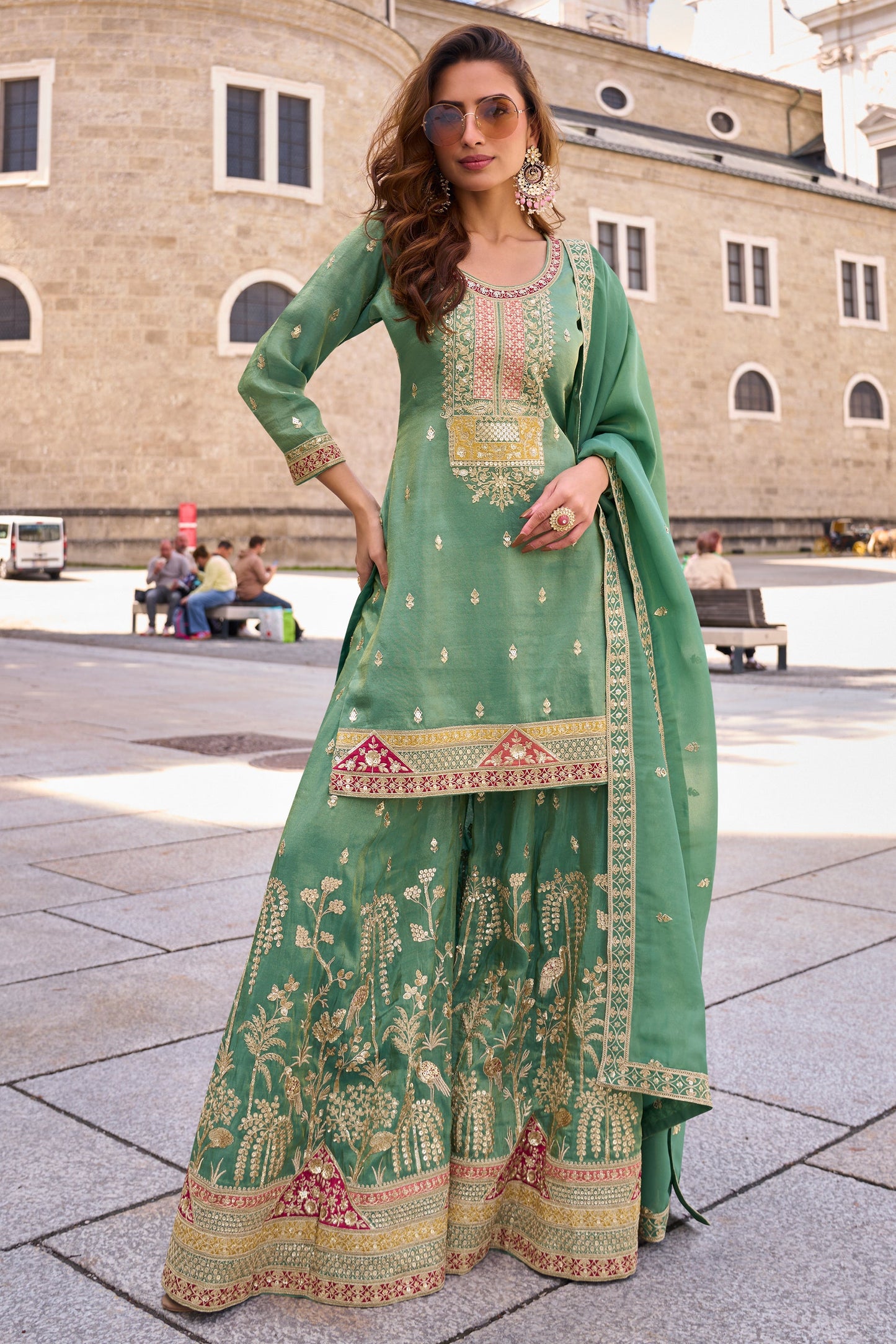 Sea Green Readymade Embroidered Simar Silk Suit-SAR10794_1_SareeButa.com
