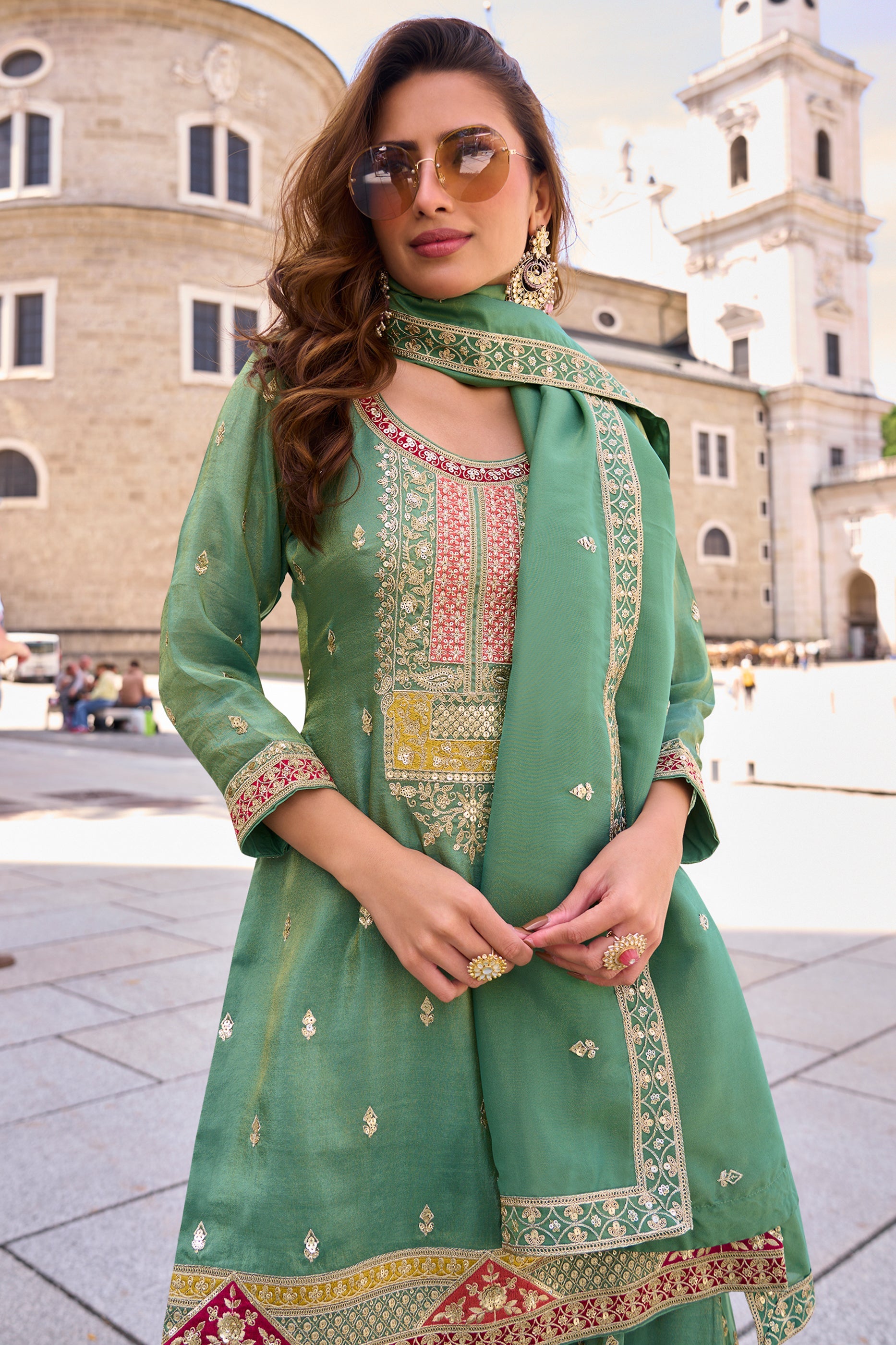 Sea Green Readymade Embroidered Simar Silk Suit-SAR10794_2_SareeButa.com