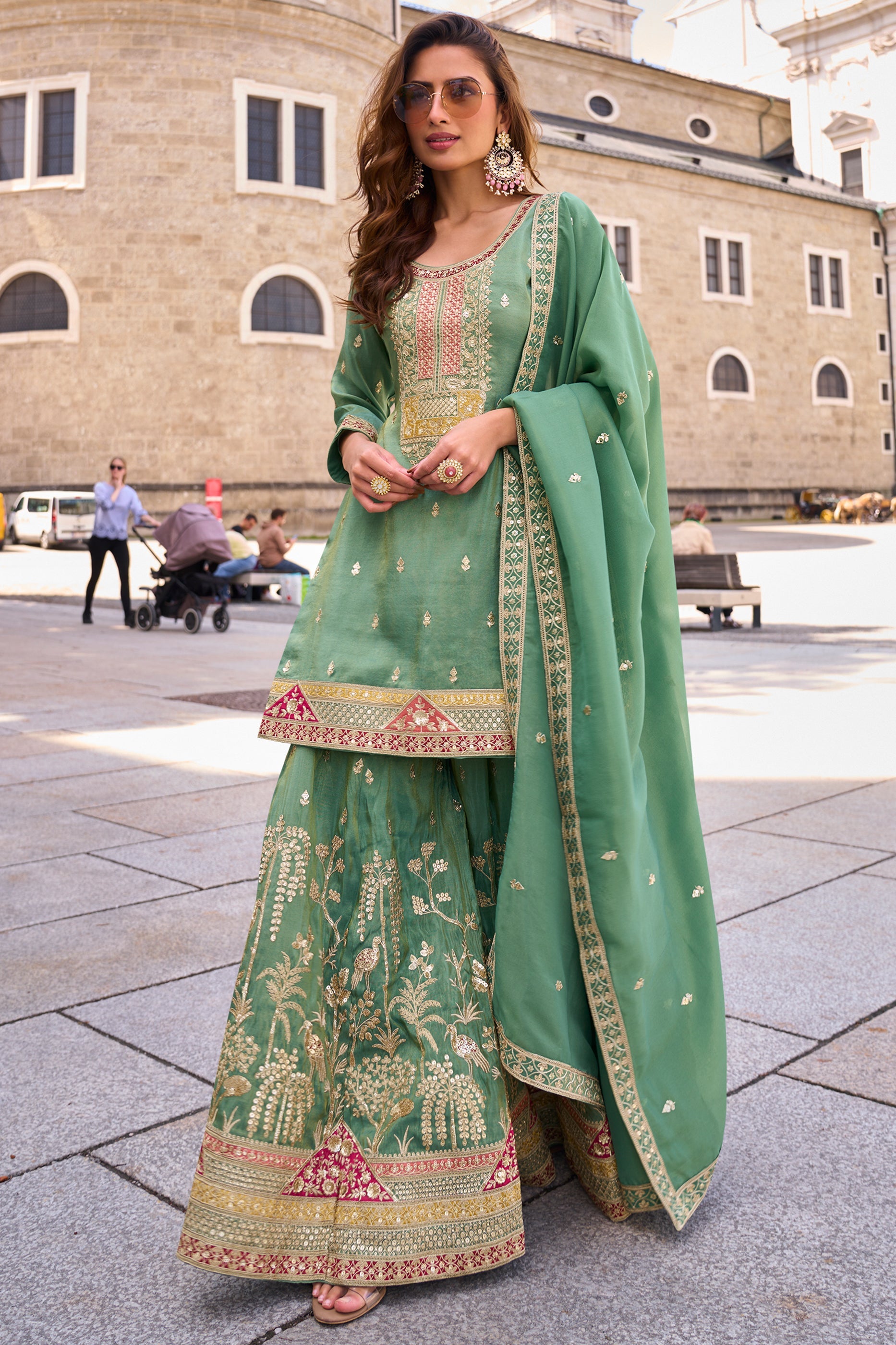 Sea Green Readymade Embroidered Simar Silk Suit-SAR10794_3_SareeButa.com