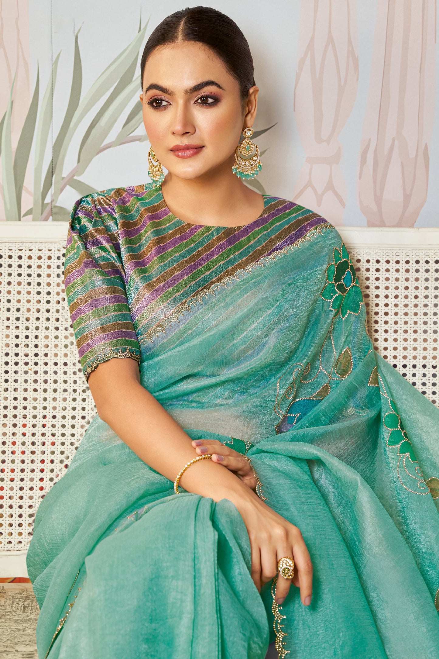 Sea Green Satin Organza Silk Saree-SAR10475_2_SareeButa.com