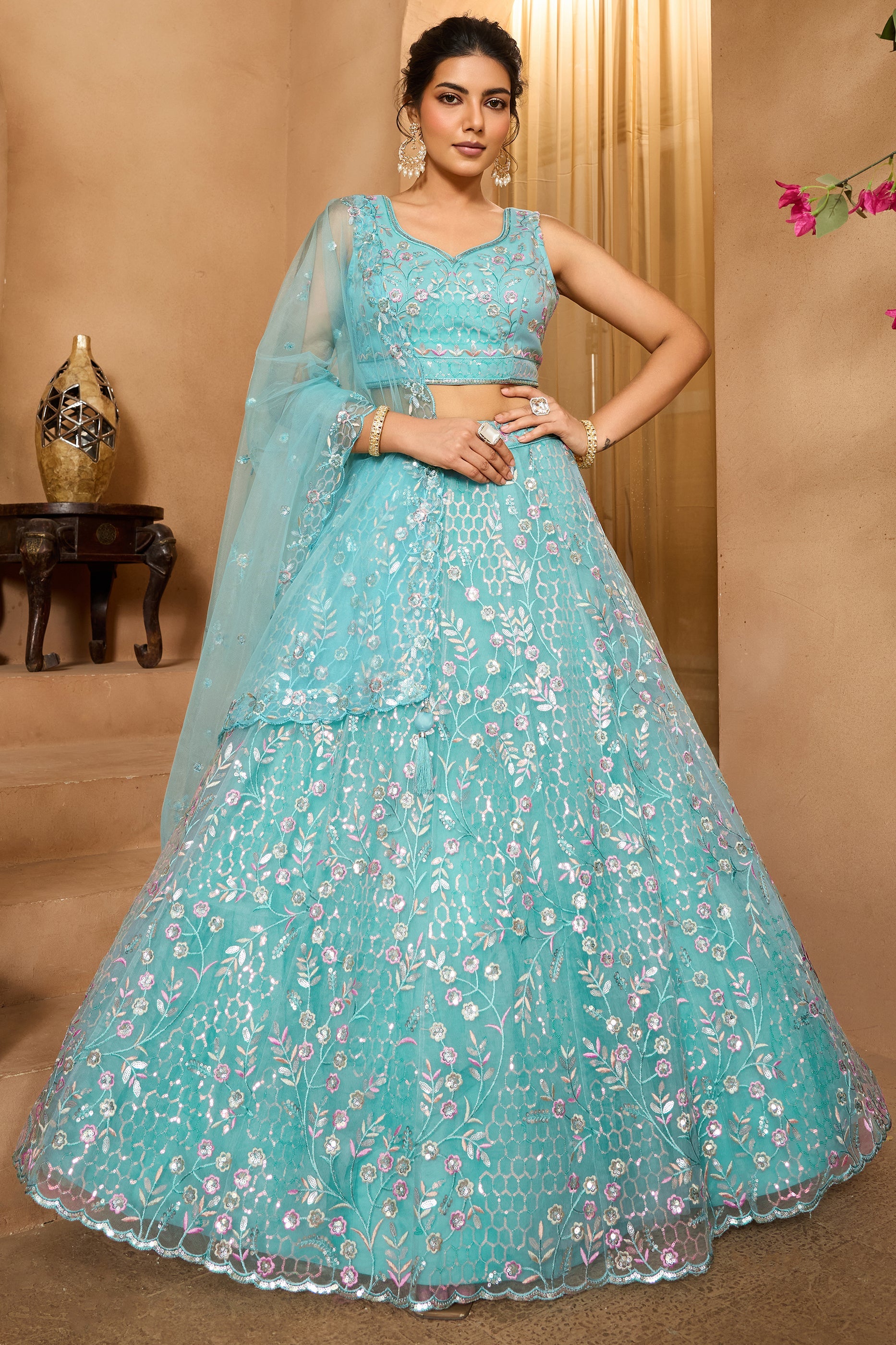 Sea Green Semi-Stitched Embroidered Net Lehenga-SAR10711_1_SareeButa.com