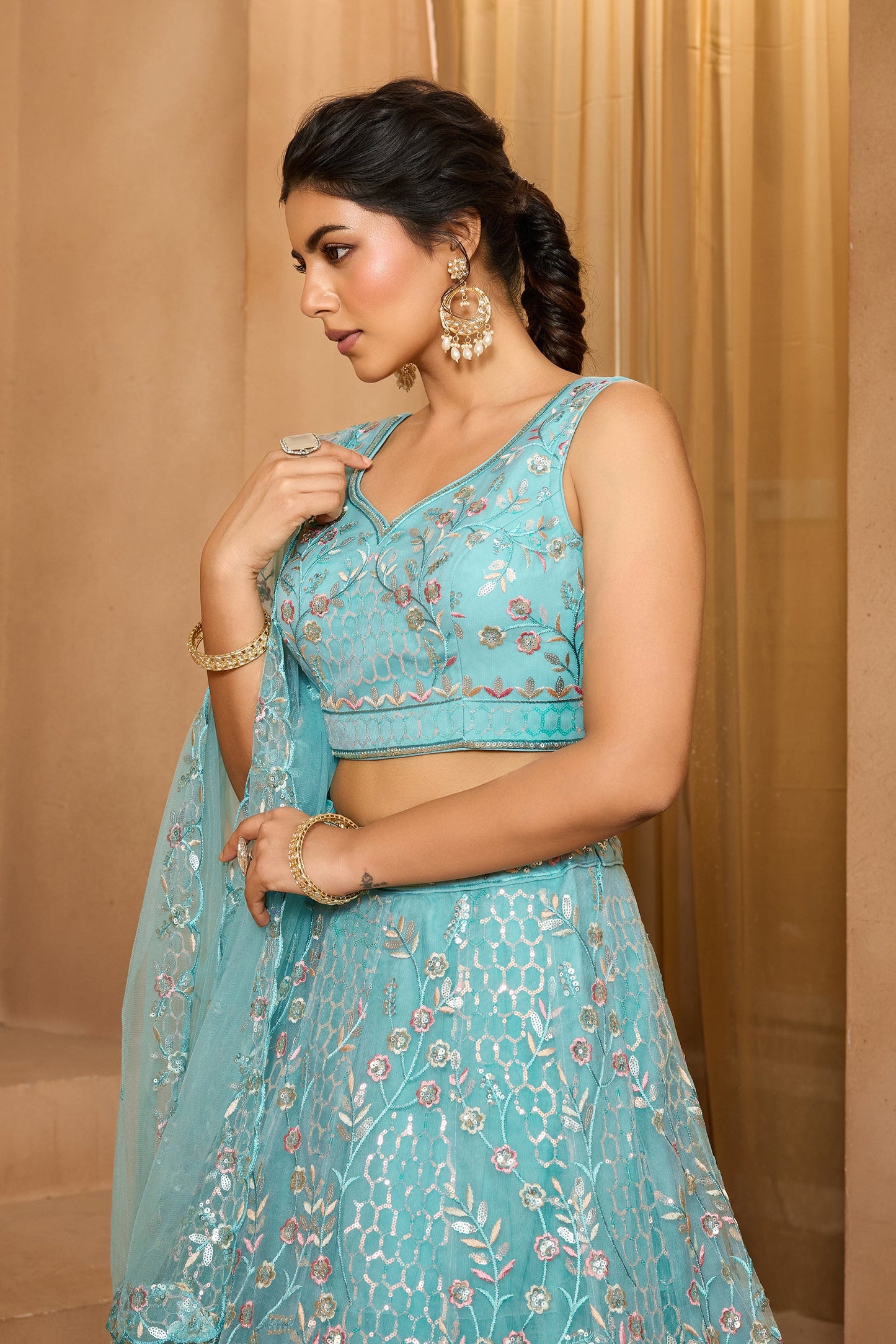 Sea Green Semi-Stitched Embroidered Net Lehenga-SAR10711_2_SareeButa.com